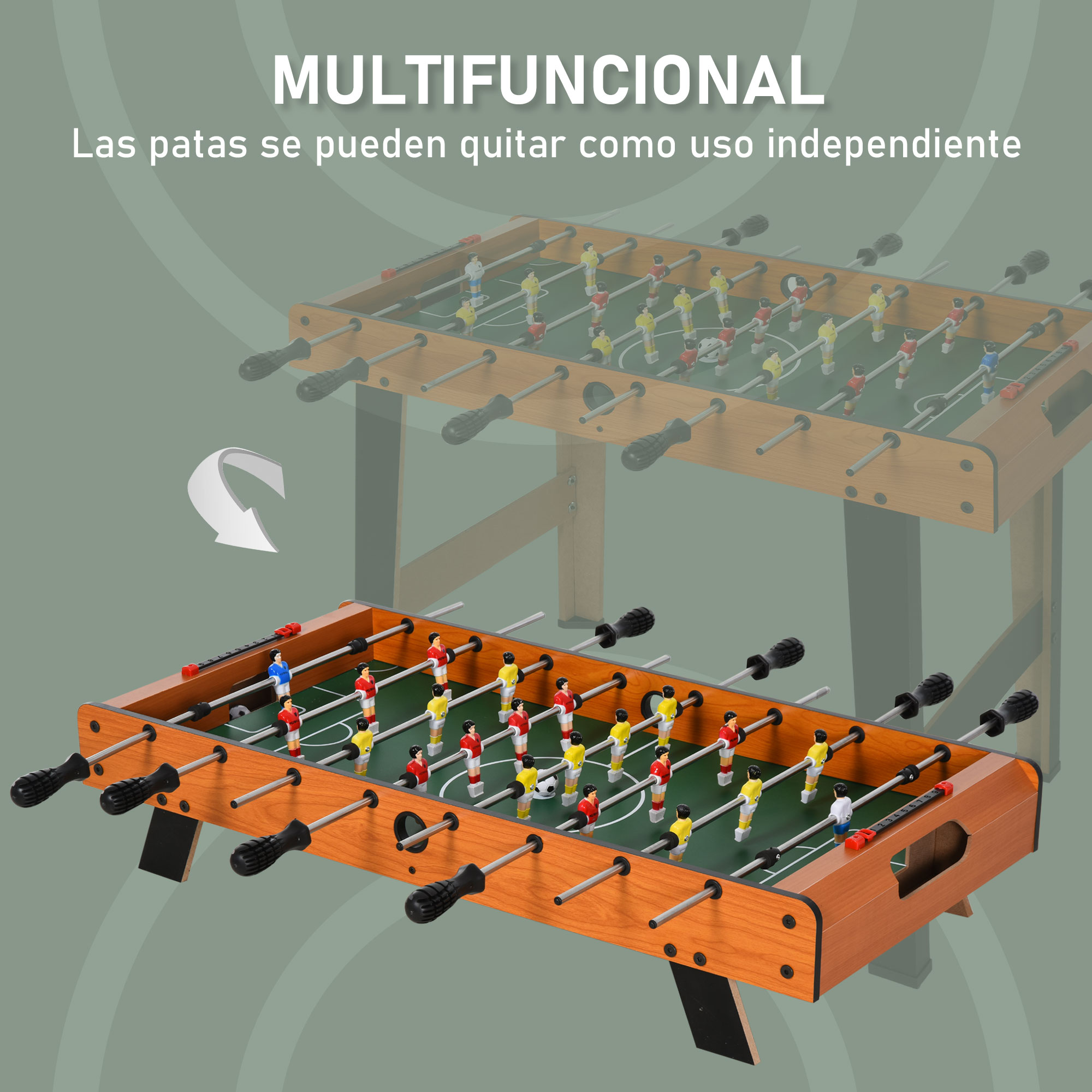 Mesa de futbolín con jugadores rojos, amarillos y azules. La mesa es marrón con asas negras. Texto arriba dice 'Multifuncional'.