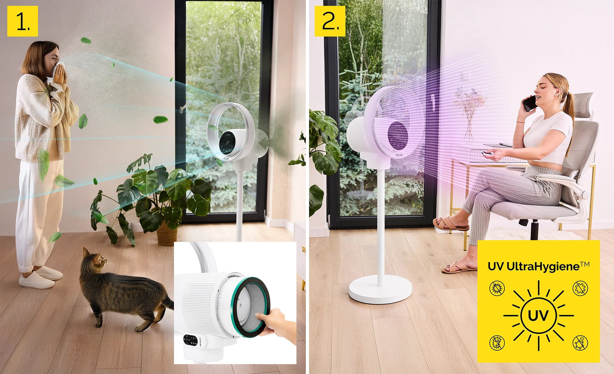 Obraz 1: Kobieta z chusteczkami. Kot i roślina. Obraz 2: Kobieta rozmawia przez telefon w pobliżu wentylatora. Logo UV UltraHygiene.