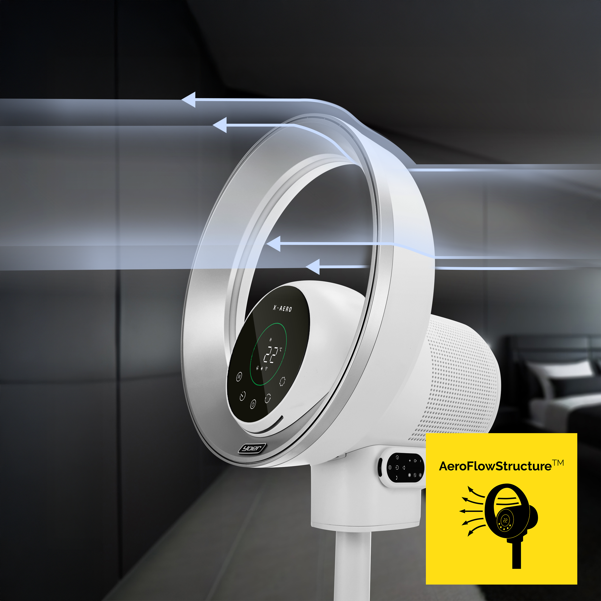 Biały wentylator bezłopatkowy z wyświetlaczem cyfrowym, strzałkami pokazującymi przepływ powietrza i żółtym logo AeroFlowStructure.