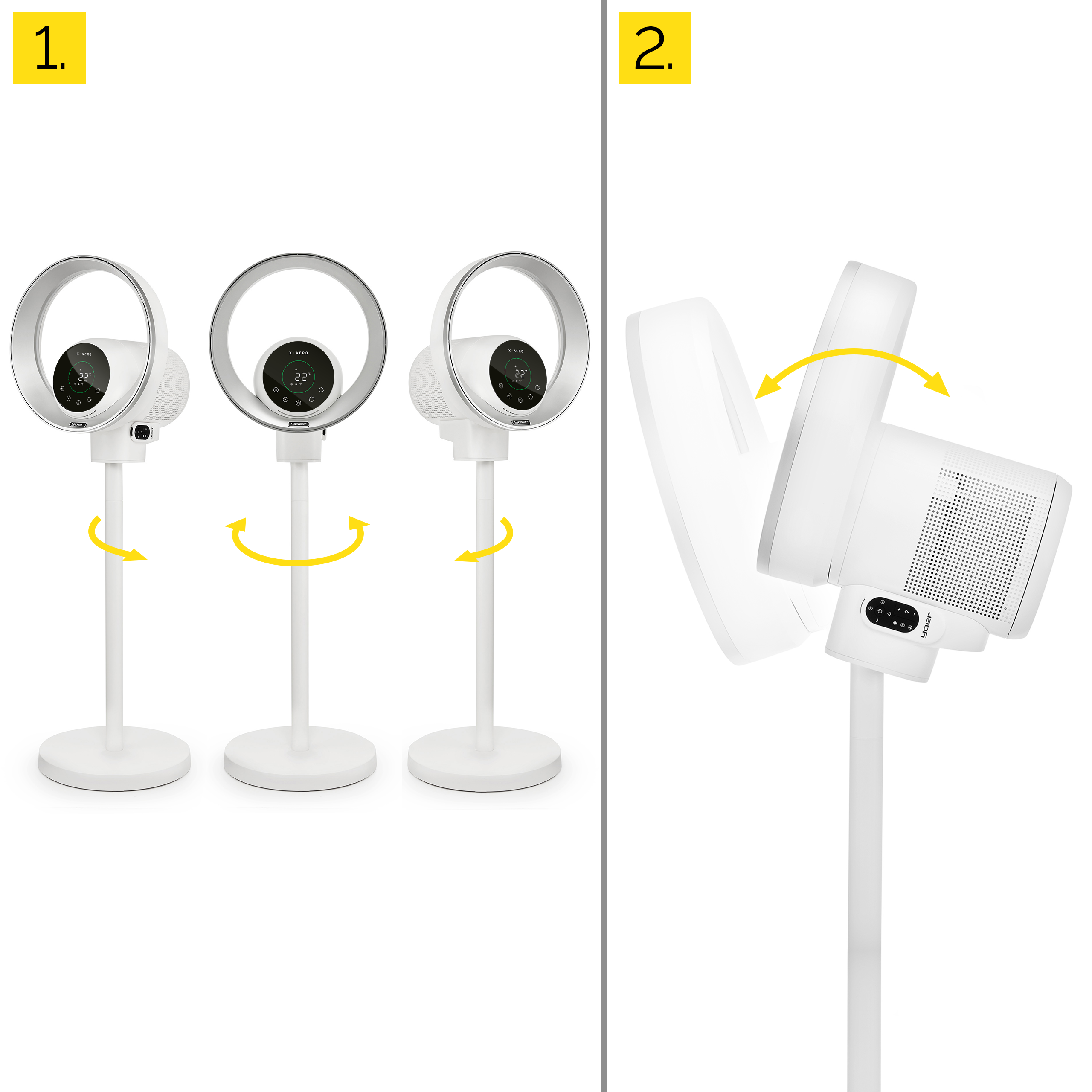 Obraz przedstawia biały wentylator w trzech pozycjach i jego funkcję pochylania. Wentylator ma okrągły design.