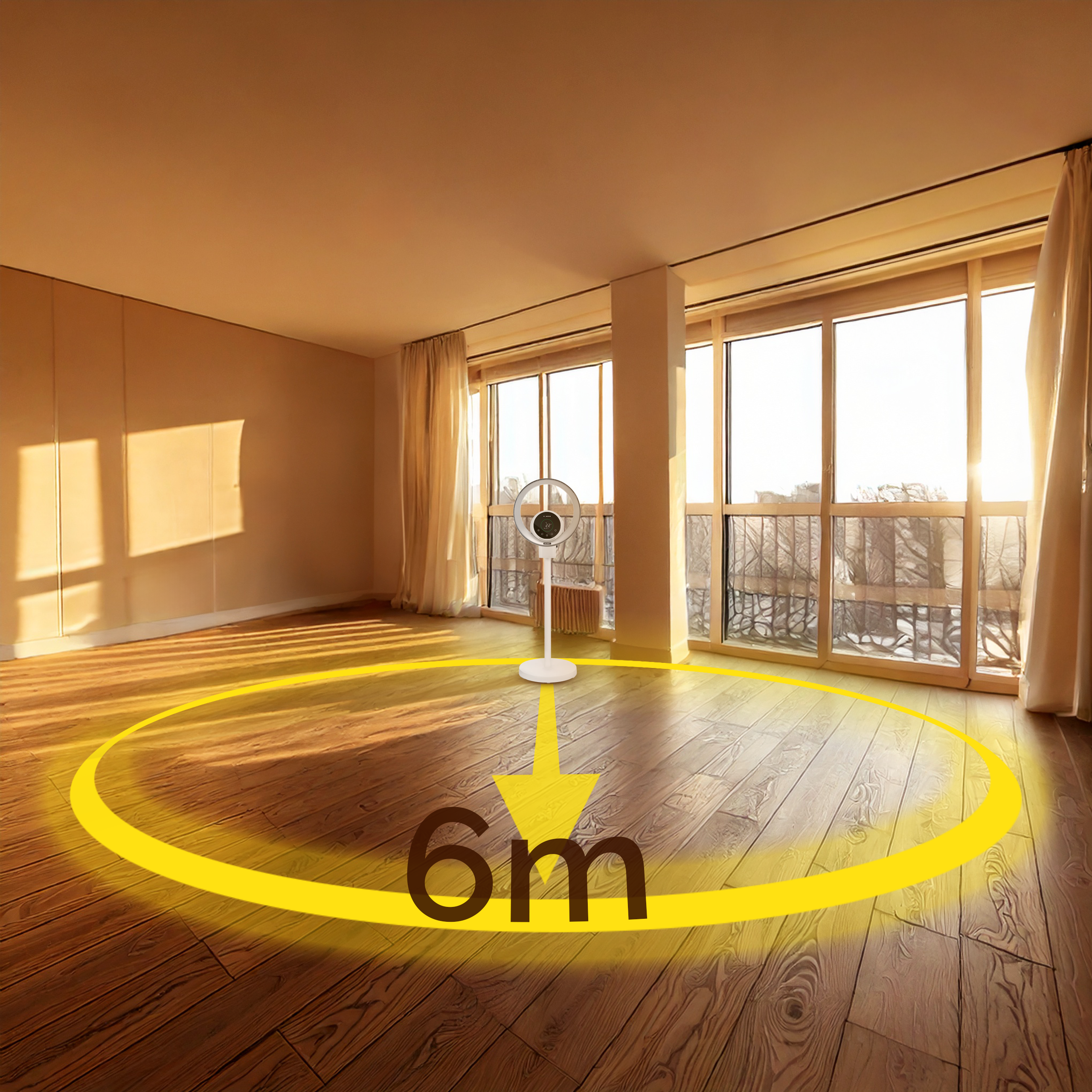 Pokój z wentylatorem pośrodku. Żółte koło i strzałka wskazują odległość 6 m. Okna i zasłony w tle.