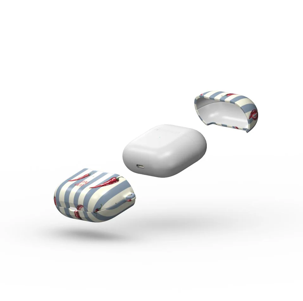 Componenti della custodia degli AirPods. AirPods bianchi con parti della custodia staccate. La custodia è a righe blu e bianche con grafica di peperoncini.