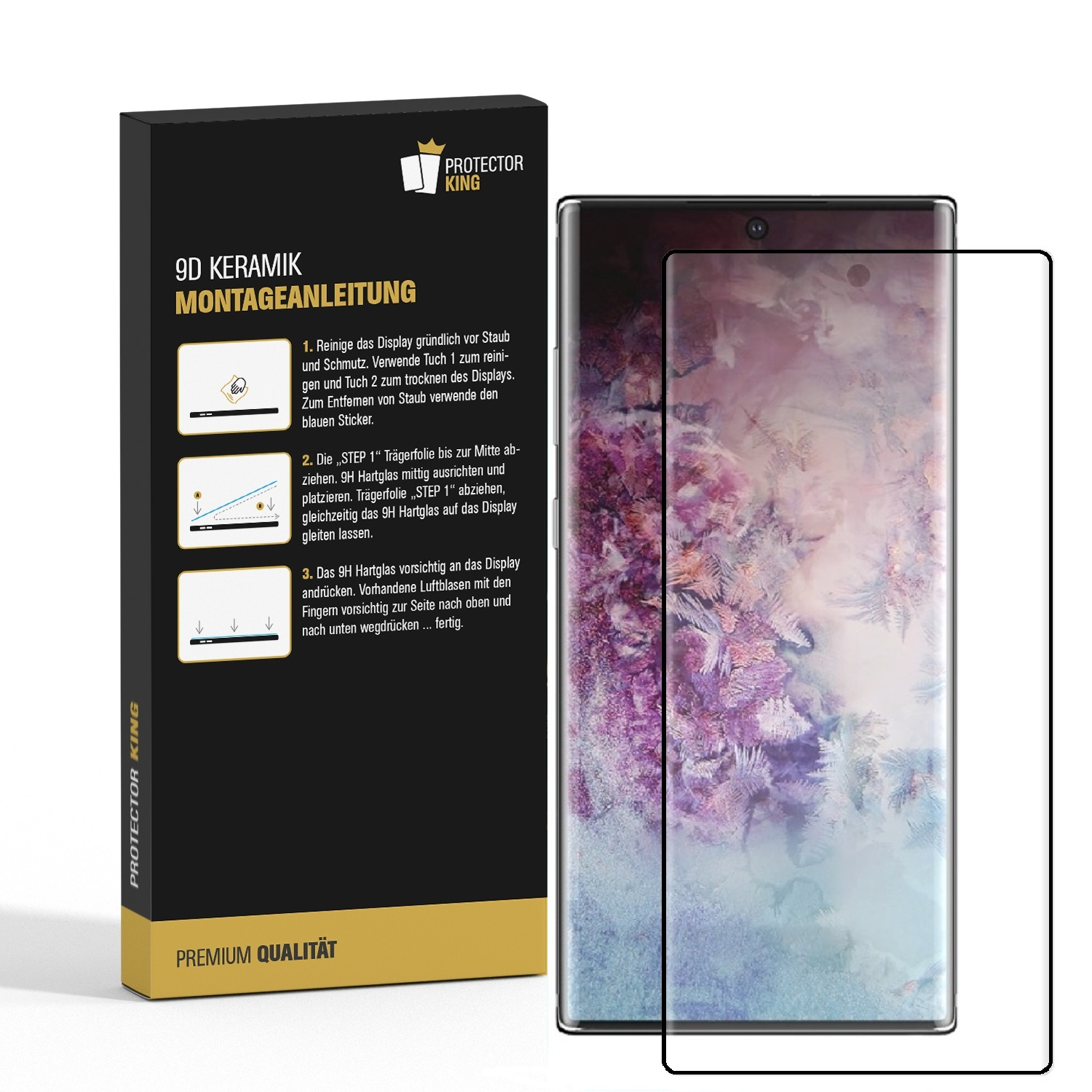 Ein Telefon mit Displayschutzfolie und eine Schachtel mit Anweisungen zum Anbringen.