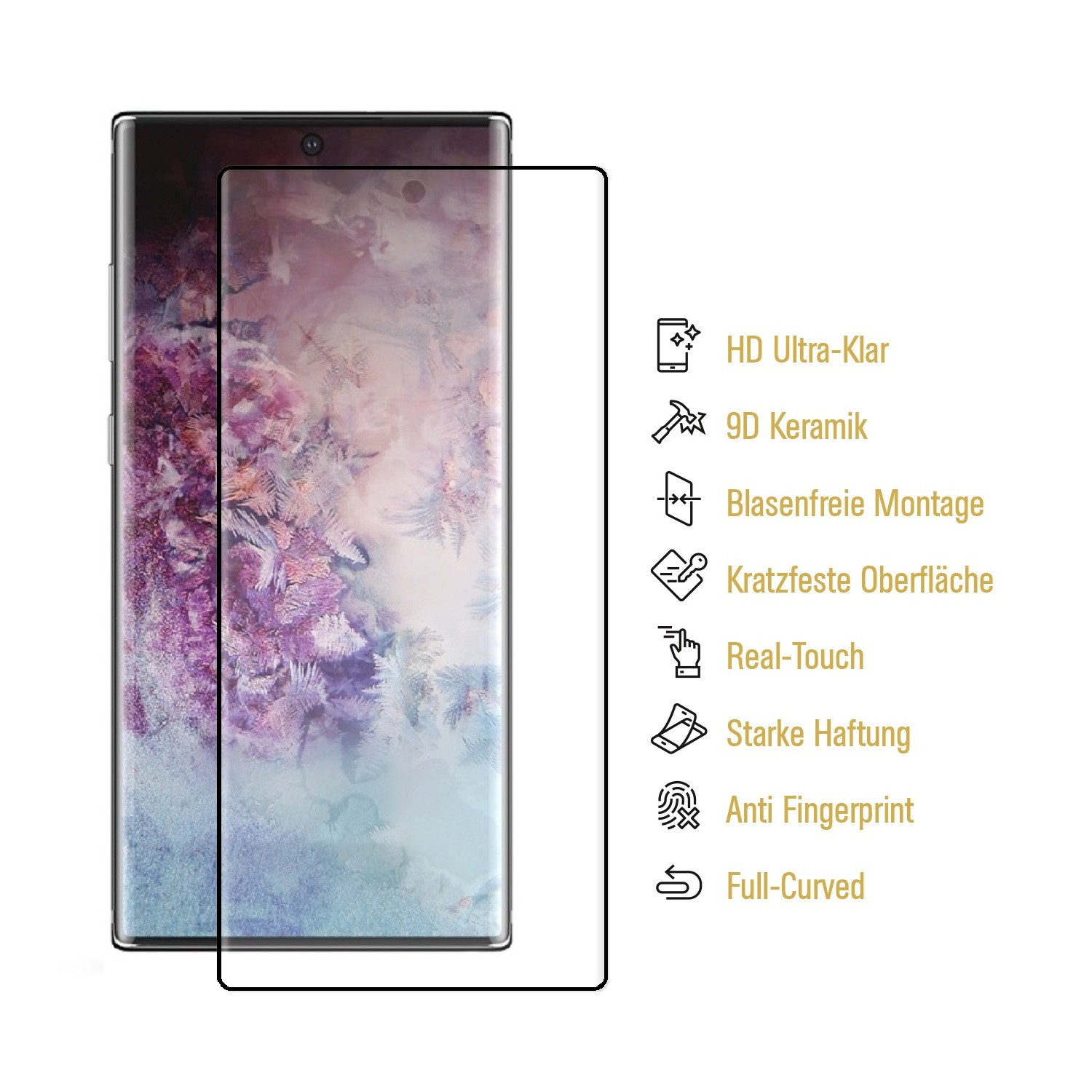 Smartphone mit Displayschutzfolie. Eigenschaften: HD Ultra-Klar, 9D Keramik, Blasenfreie Montage, Kratzfeste Oberfläche, Real-Touch.