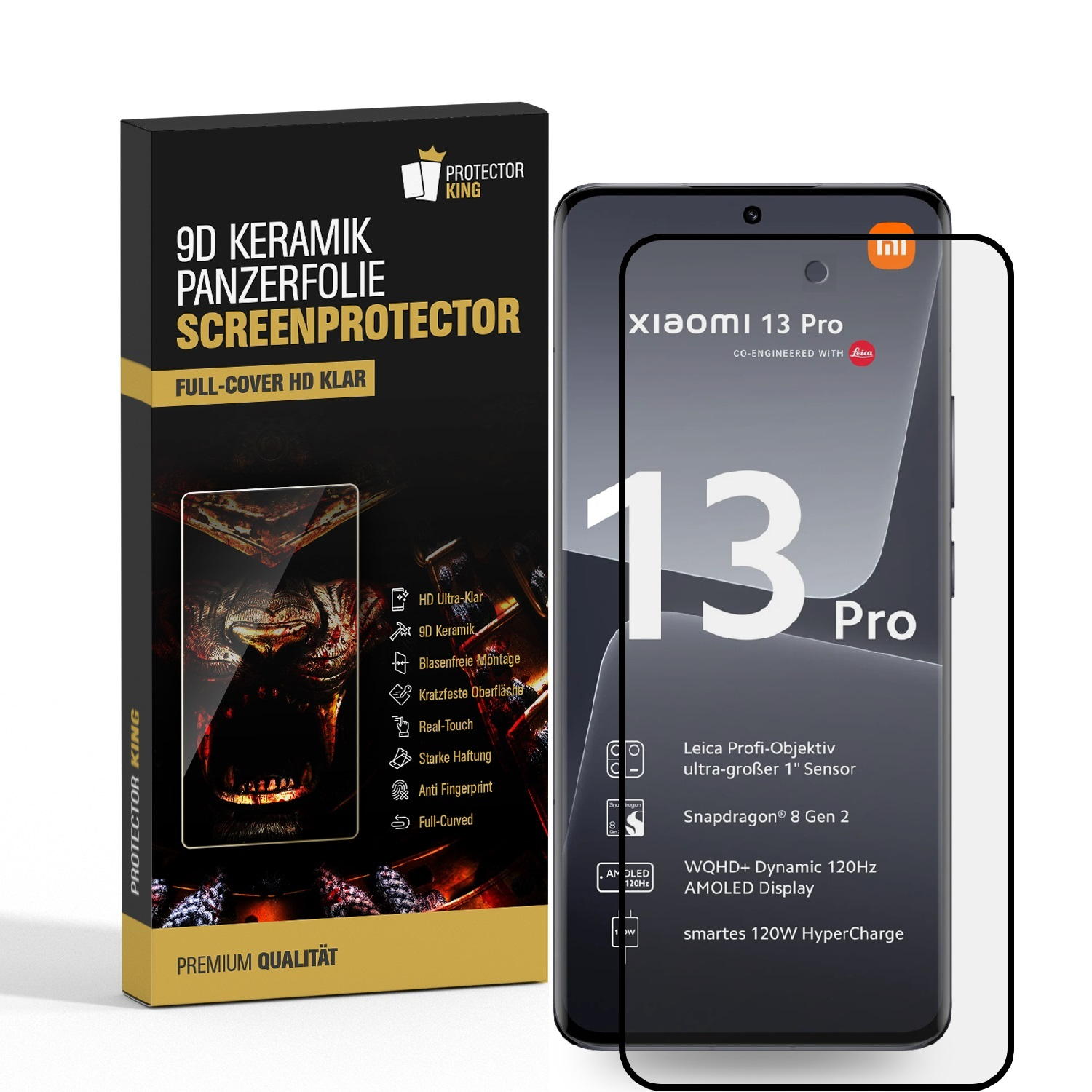 Ein Telefon und sein Displayschutz sind abgebildet. Die Box zeigt Produktmerkmale und einen Displayschutz, das Telefon ist sichtbar.