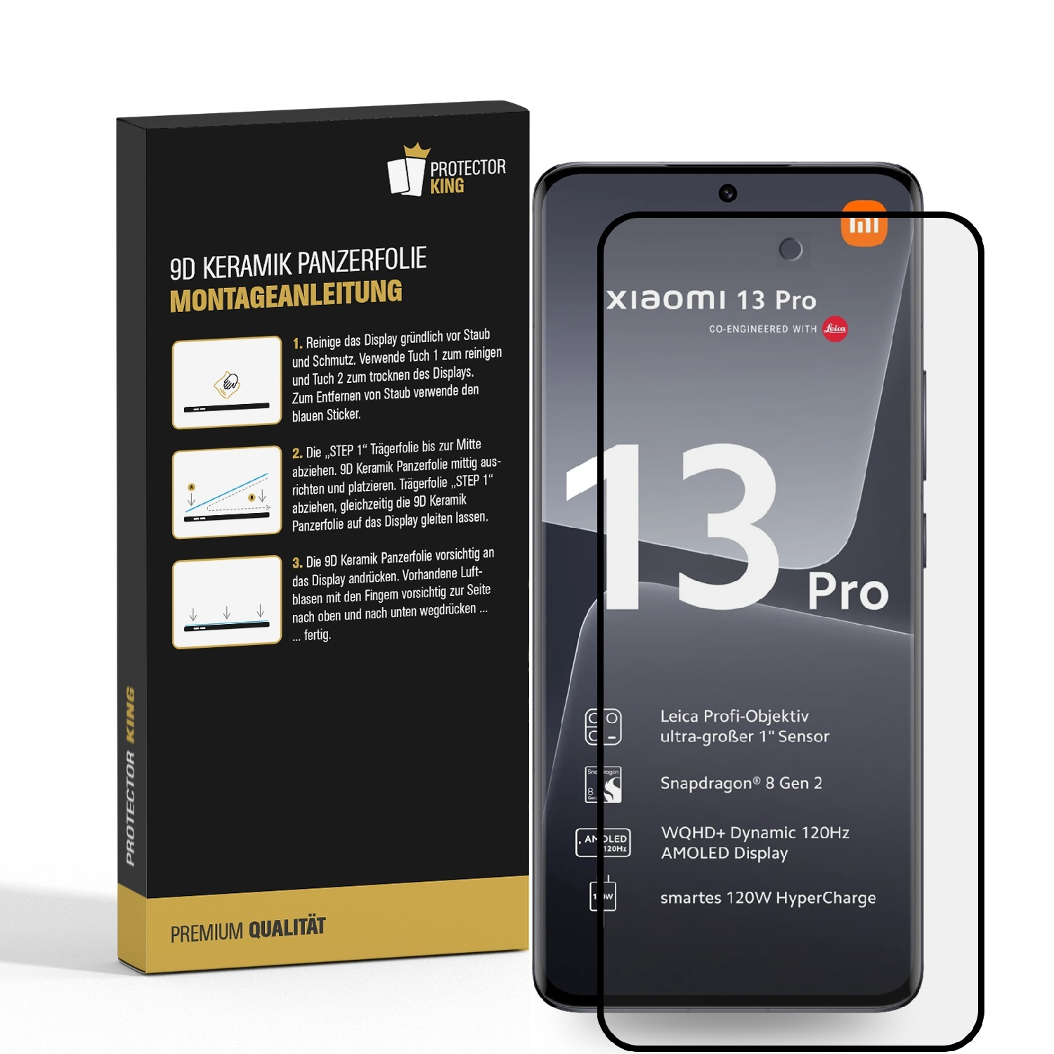 Ein Xiaomi 13 Pro Telefon mit Displayschutzfolie und eine Box mit Anweisungen.
