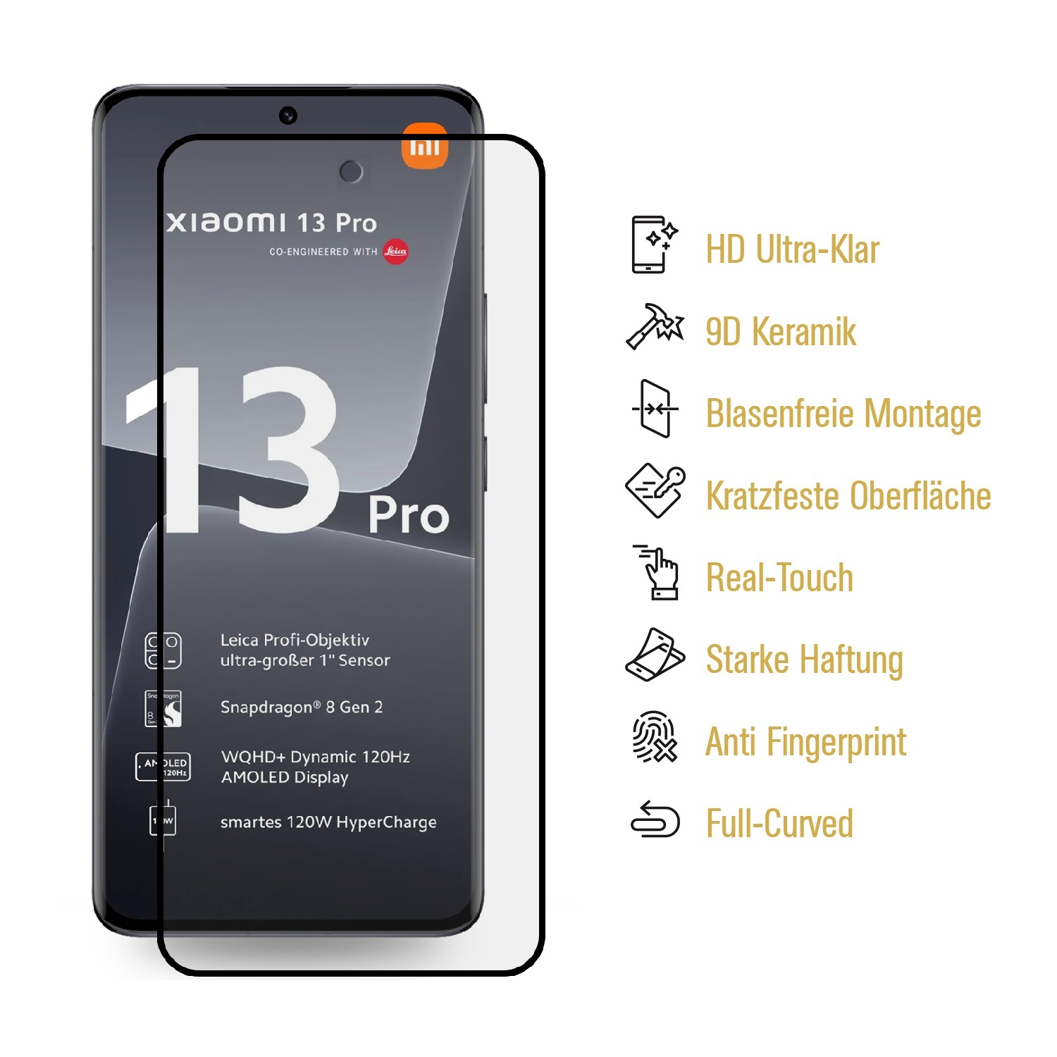 Ein Smartphone mit Displayschutz. Text hebt Funktionen wie HD-Klarheit, 9D-Keramik und Anti-Fingerprint hervor. Das Telefon ist schwarz.