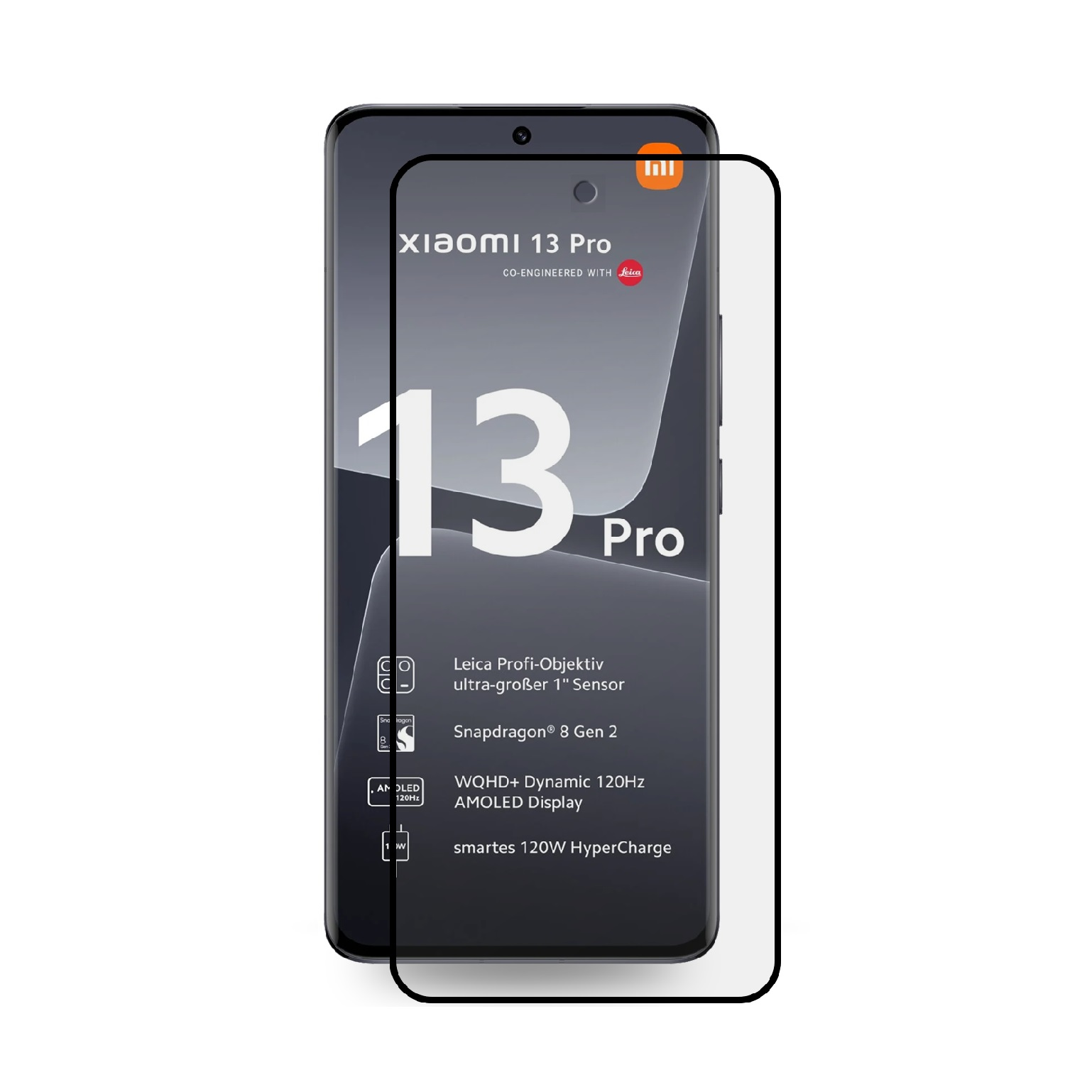 Ein Xiaomi 13 Pro Smartphone mit Displayschutz. Zu den Funktionen gehören Leica-Optik, Snapdragon 8 Gen 2 und AMOLED-Display.