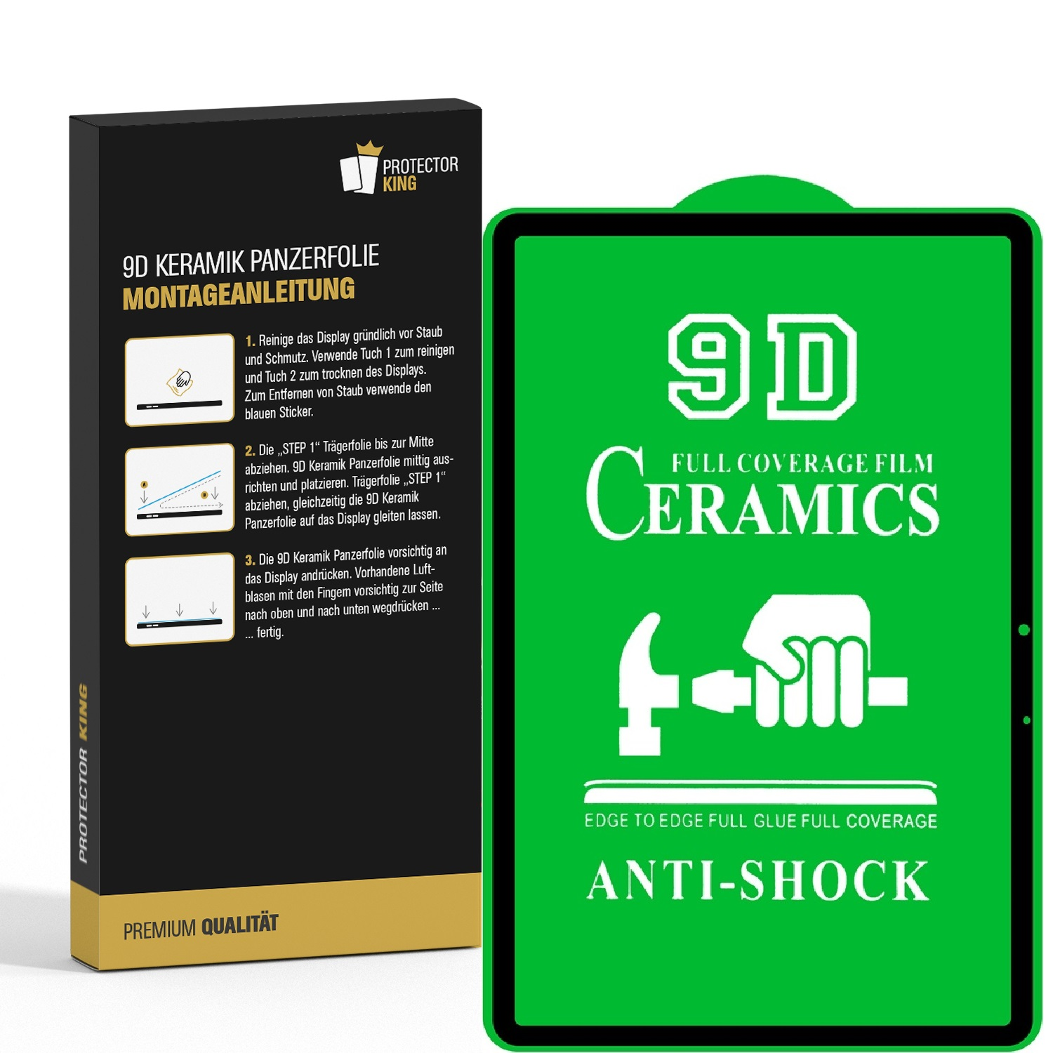 Eine Verpackung für einen Bildschirmschutz mit Anweisungen und ein Telefonbildschirm mit Text '9D Ceramics Anti-Shock'.