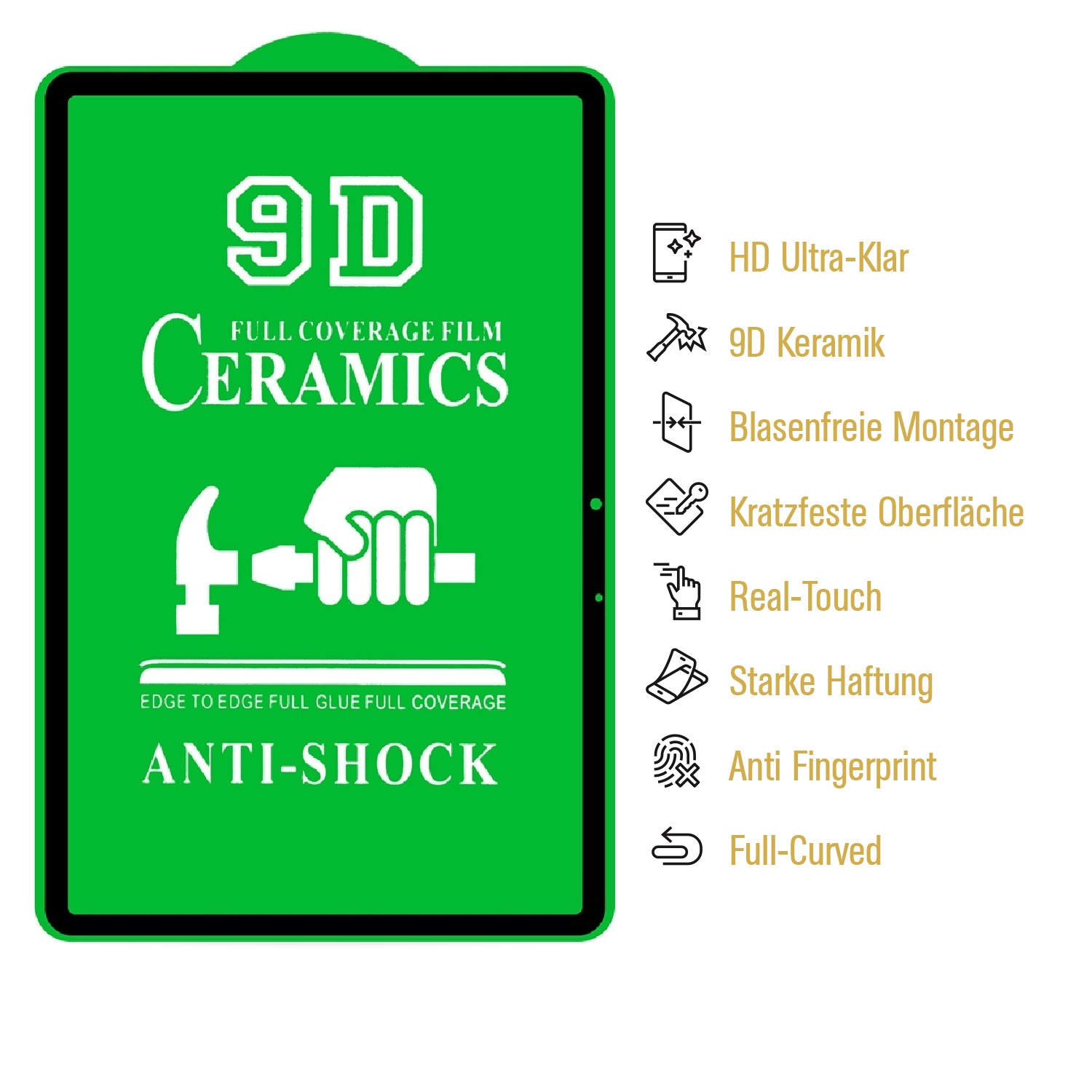 Ein grüner Displayschutz mit weißem Text. Es steht '9D Ceramics Anti-Shock' mit Funktionen wie HD Ultra-klar und Anti-Fingerprint.