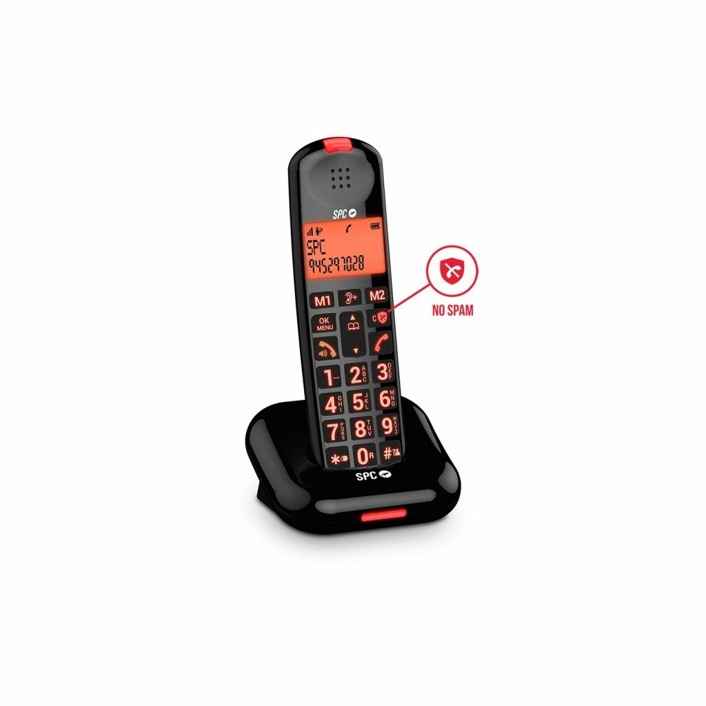 Un telefono cordless SPC nero con display rosso. Il telefono mostra un numero sullo schermo. C'è un'icona 'NO SPAM'.
