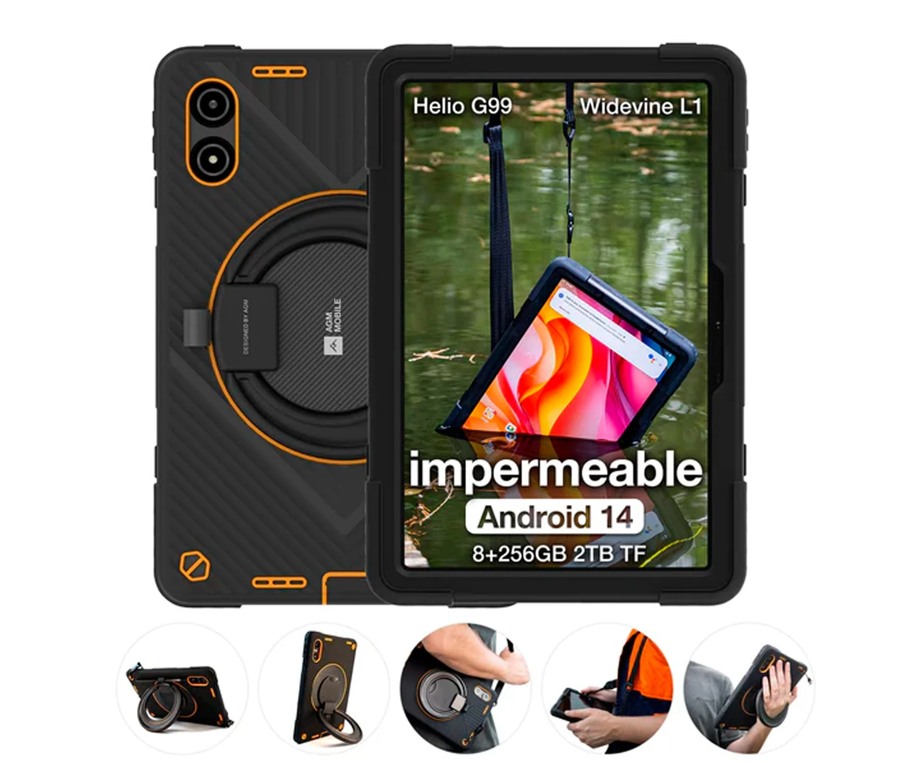 Ein schwarzes Tablet in einem Gehäuse ist in Wasser aufgehängt. Der Bildschirm zeigt farbenfrohe abstrakte Kunst. Auf dem Bildschirm steht 'impermeable' und 'Android 14'.