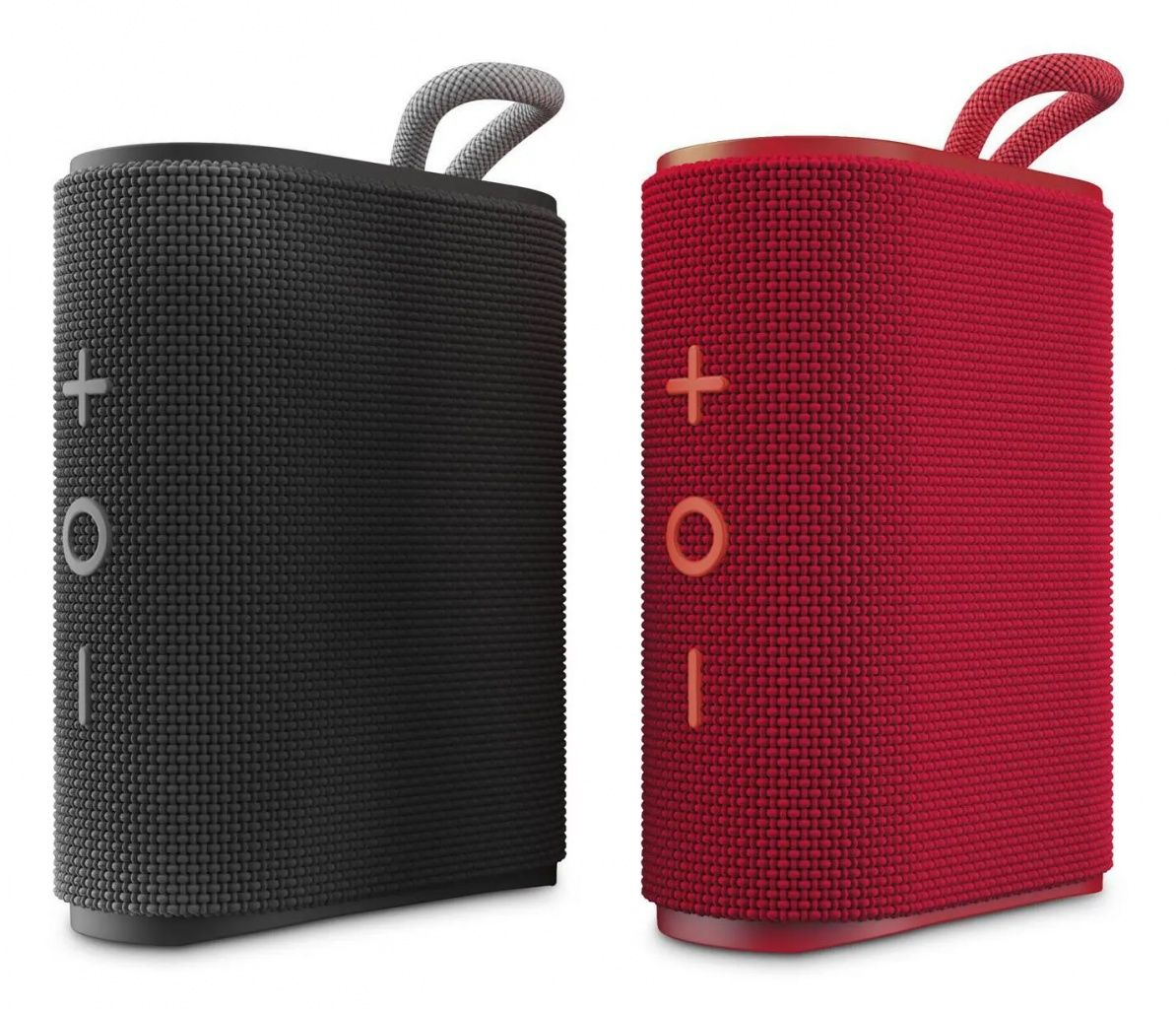 Dos altavoces rectangulares, uno negro, uno rojo, con botones de control de volumen y un asa de bucle en la parte superior.