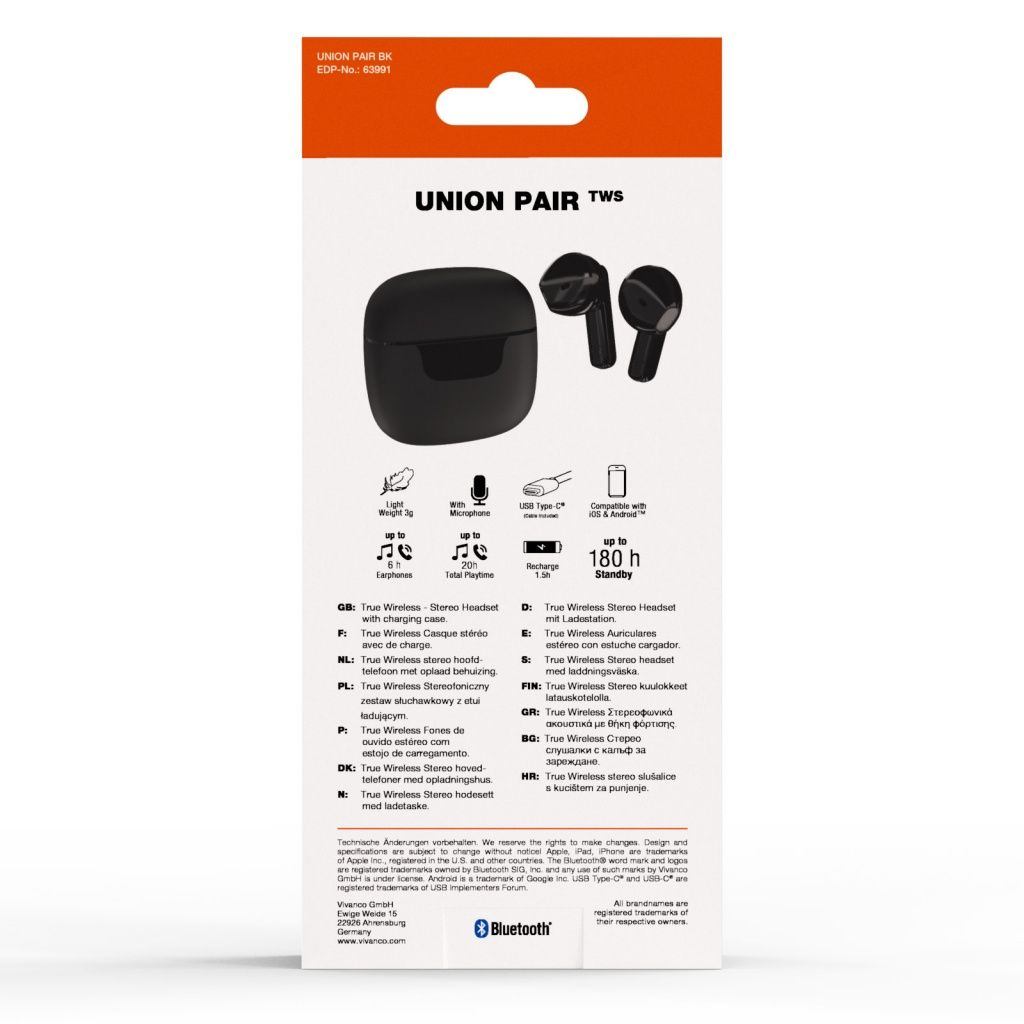 Caja negra con auriculares inalámbricos. Texto e iconos indican funciones. Fondo blanco con nombre del producto.