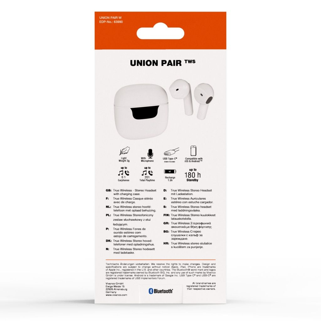 Auriculares blancos y estuche de carga sobre fondo blanco. La marca es Union Pair TWS.