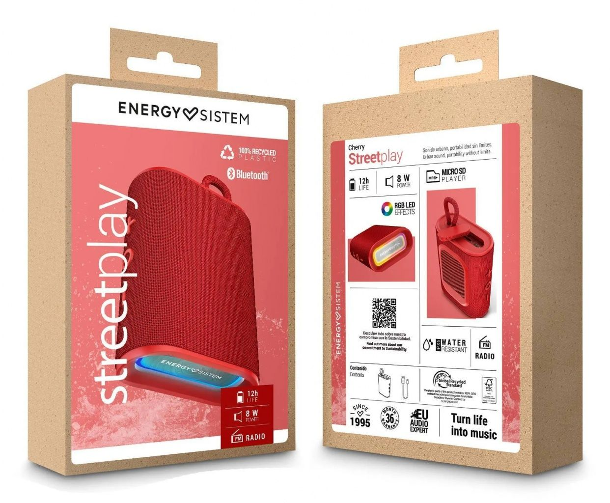 Dos cajas de altavoces Streetplay rojos. Una muestra el altavoz, la otra detalla características como Bluetooth y plástico reciclado.