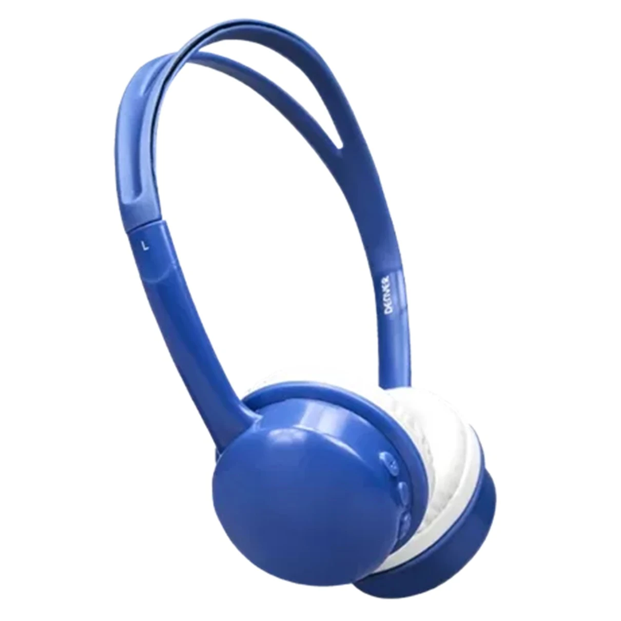 Cuffie blu e bianche su sfondo bianco. Le cuffie sono angolate. Il marchio è visibile sul lato destro dell'archetto.