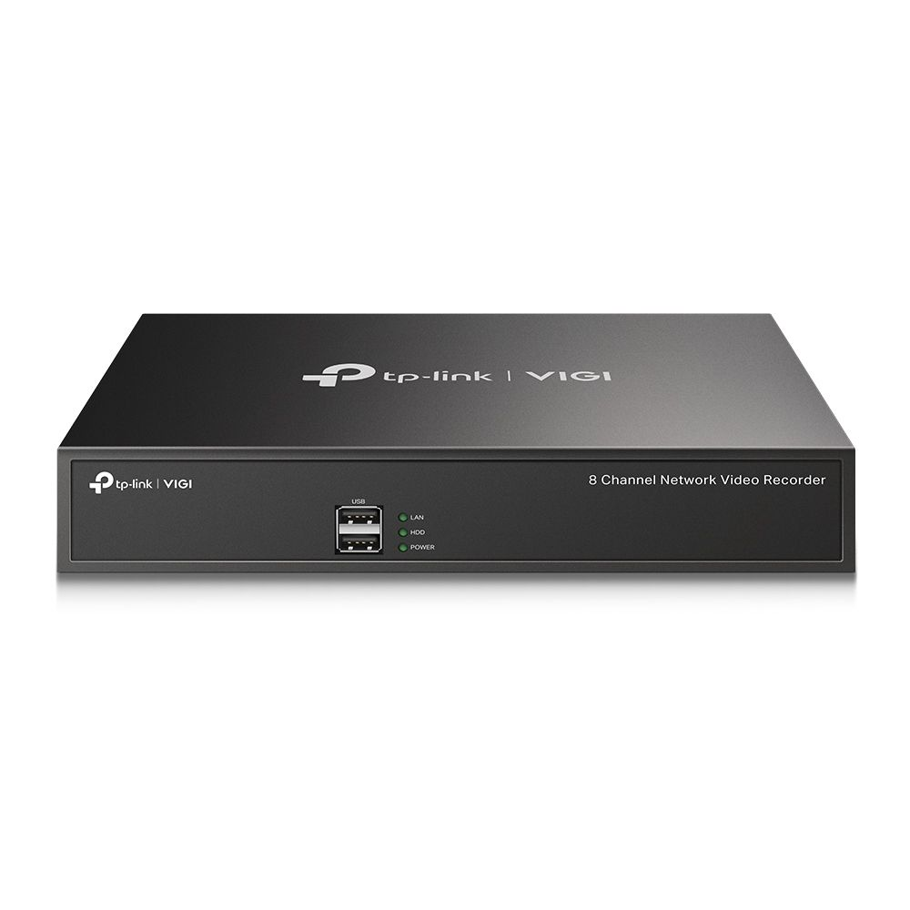 Un videoregistratore di rete TP-Link VIGI a 8 canali nero. Dispone di porte USB e indicatori LAN, HDD e alimentazione.