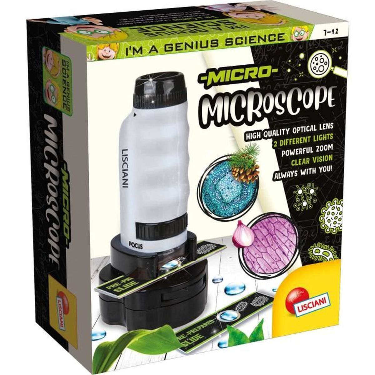 Eine Mikroskopbox mit einem weißen und schwarzen Mikroskop. Es hat Bilder von Zellen, einem Tannenzapfen und Zwiebelzellen darauf.