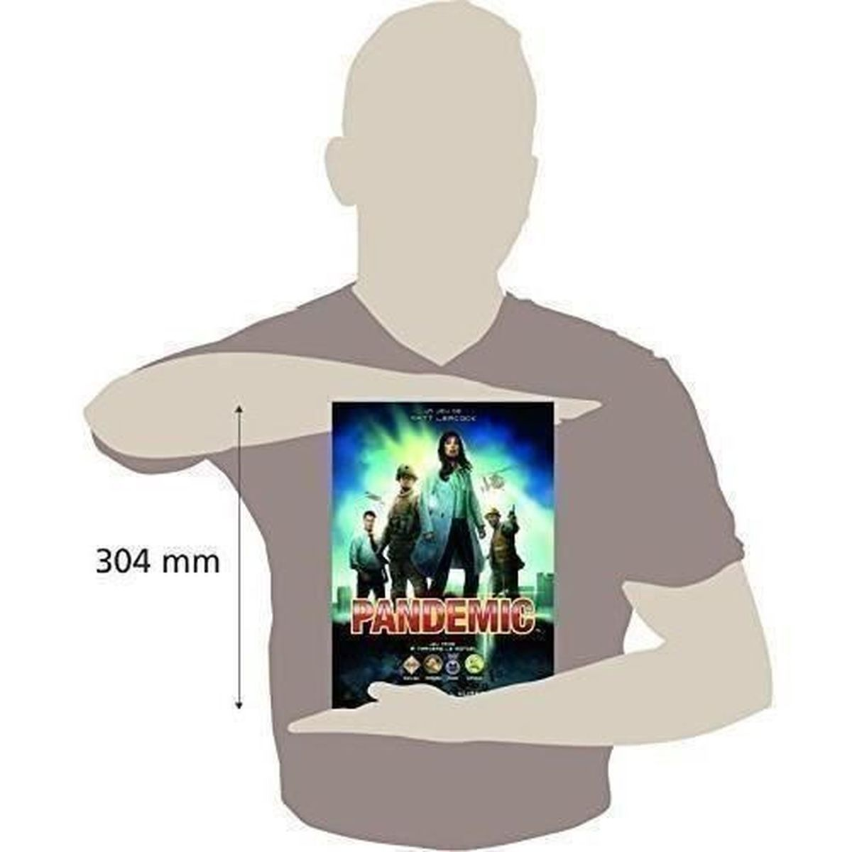 Una persona tiene in mano il poster del film 'Pandemic' con attori. Il poster ha uno sfondo blu e raffigura diverse figure.