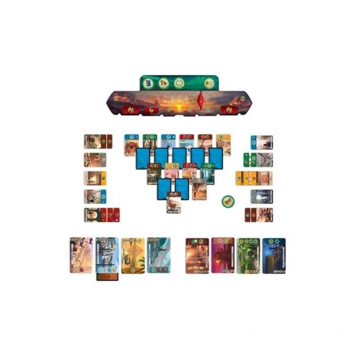 Configurazione del gioco da tavolo: carte e gettoni disposti su sfondo bianco. Include un tabellone centrale, carte e vari gettoni.