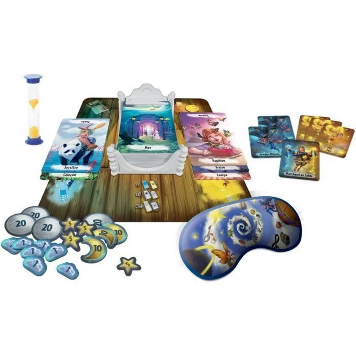 Gioco da tavolo con carte, gettoni e clessidra. Le carte mostrano personaggi, scene e oggetti. I gettoni sono a forma di stella e cerchio.