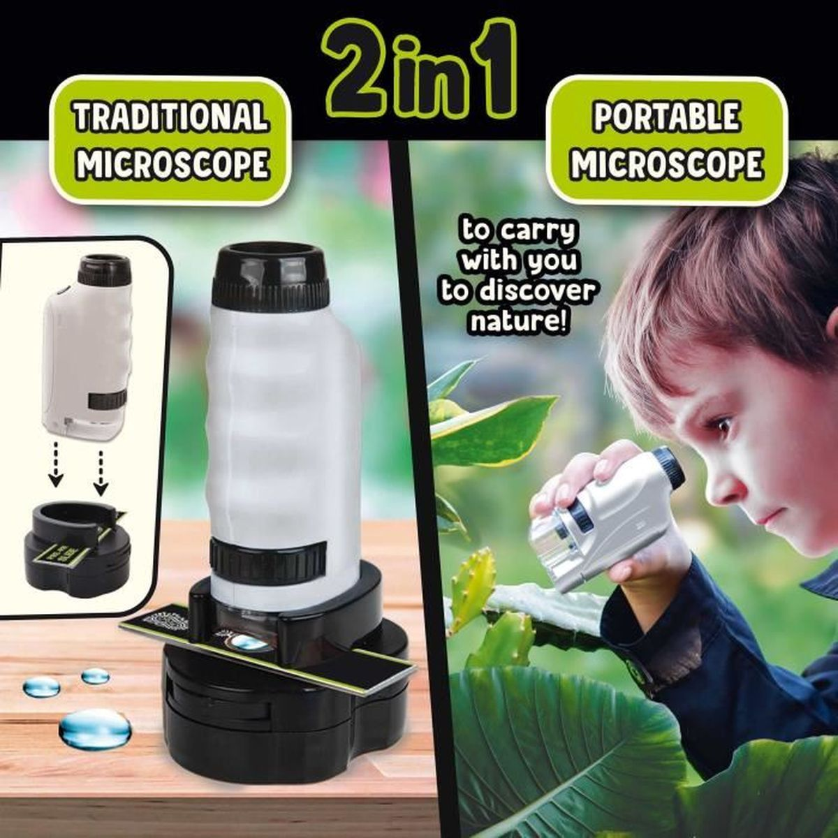 Das Bild zeigt ein 2-in-1-Mikroskop, aufgeteilt in traditionell und tragbar. Ein Junge benutzt das tragbare Mikroskop im Freien. Das Mikroskop ist weiß und schwarz.