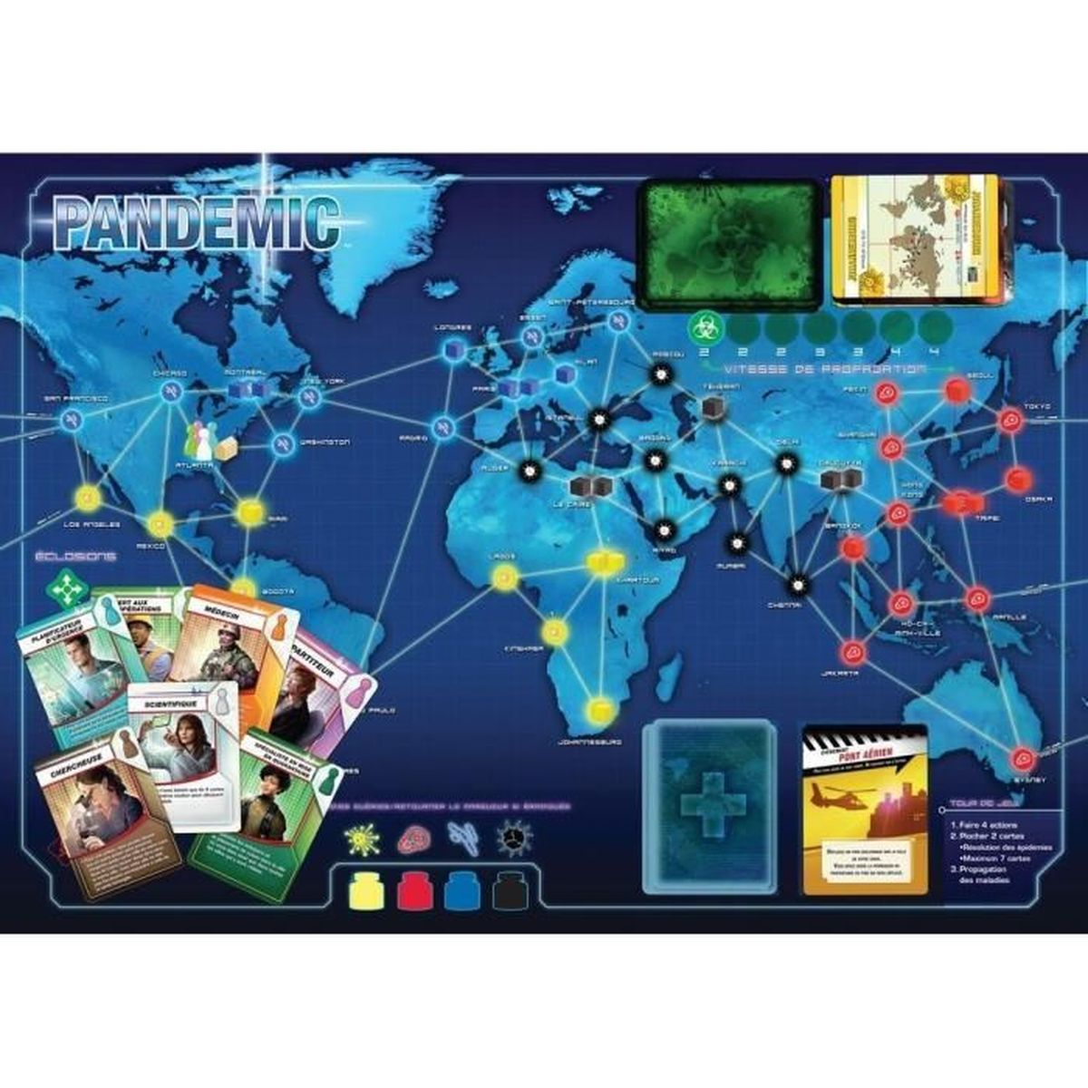 Un gioco da tavolo intitolato 'Pandemia' mostra una mappa del mondo. Pedine, carte e dadi sono sparsi sulla plancia.