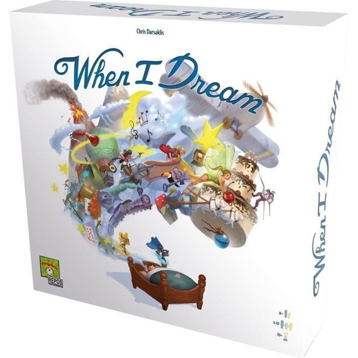 Illustrazione della scatola del gioco da tavolo "When I Dream". Mostra un paesaggio onirico con un letto, oggetti volanti e personaggi. Il titolo è in evidenza.