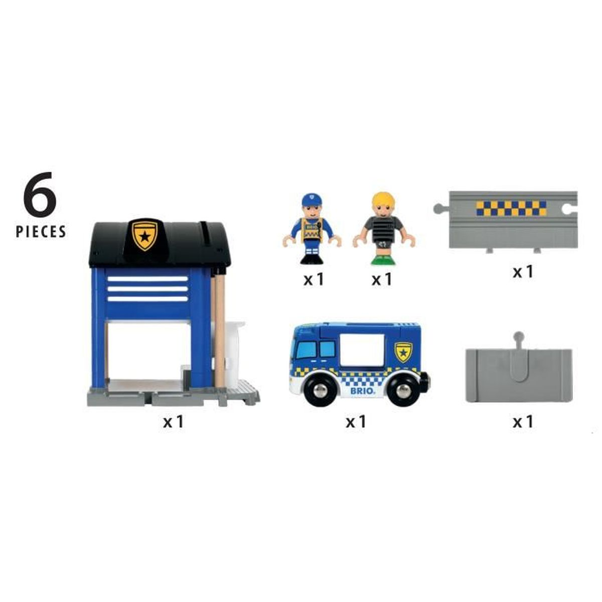 Zestaw zabawek dla dzieci z komisariatem policji, autobusem, figurkami, torem i barierą. Zestaw ma niebiesko-szarą kolorystykę.