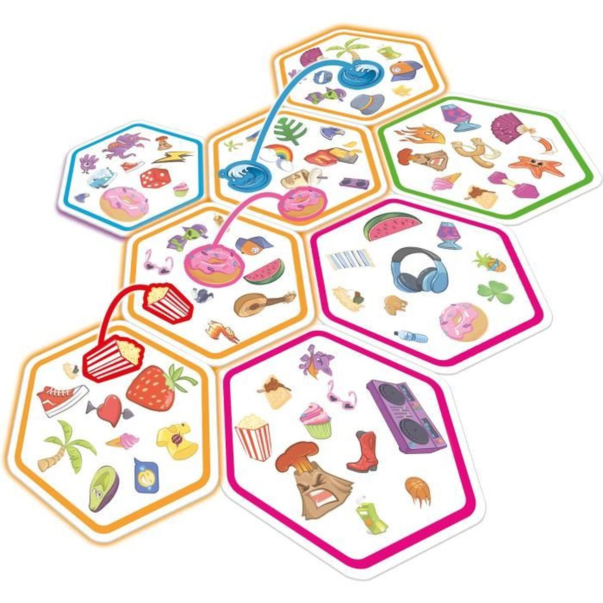 Carte da gioco colorate disposte a nido d'ape, con varie illustrazioni come ciambelle, cuffie e fette di anguria.