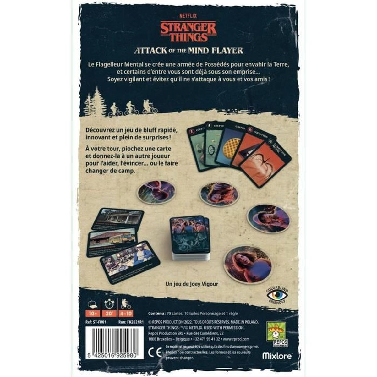 Scatola del gioco da tavolo Stranger Things. Carte, pedine e testo visibili, con sfondo scuro.