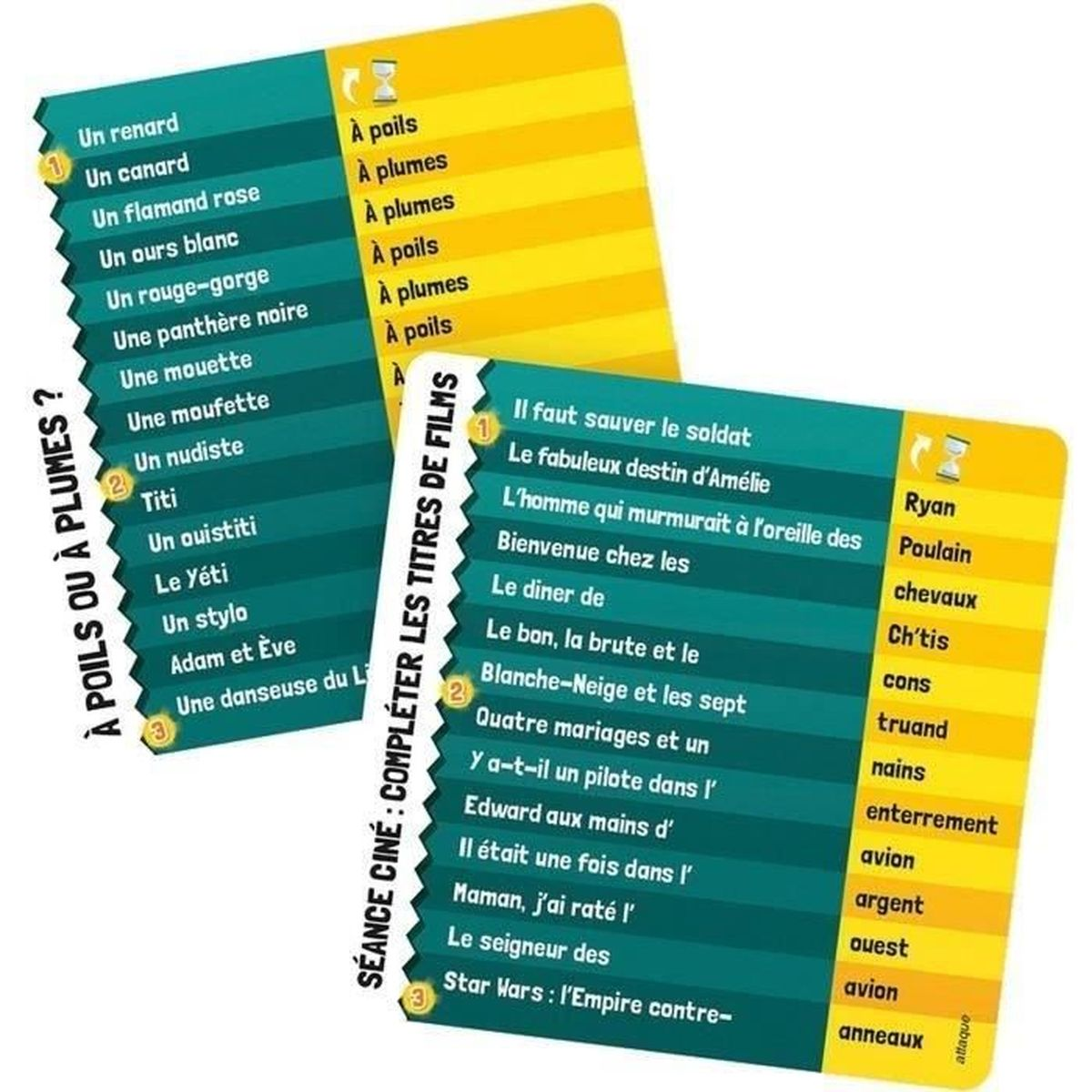 Due carte di gioco. Una chiede 'pelo o piume?'. L'altra chiede di completare i titoli dei film. Diverse liste di parole sono scritte sulle carte.