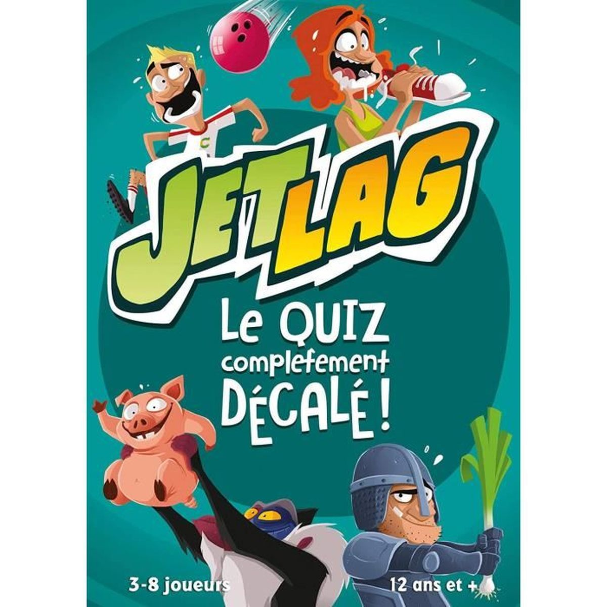 Copertina del gioco con personaggi dei cartoni animati. Titolo 'Jetlag' con sottotitolo 'Le QUIZ completement décalé!'. Include un maiale, un cavaliere e altre figure.