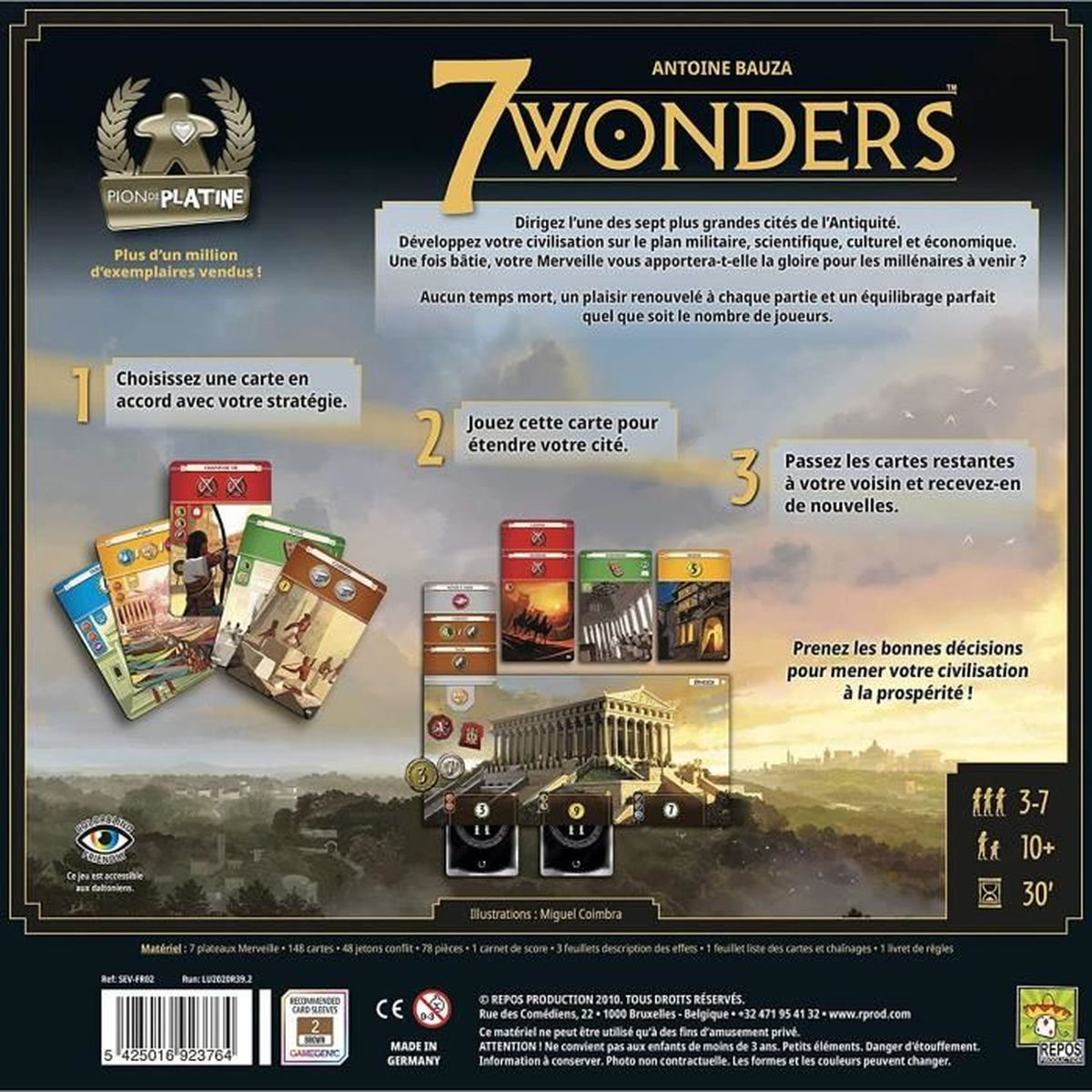 Spielbox für 7 Wonders. Karten und Illustrationen antiker Städte sind sichtbar.