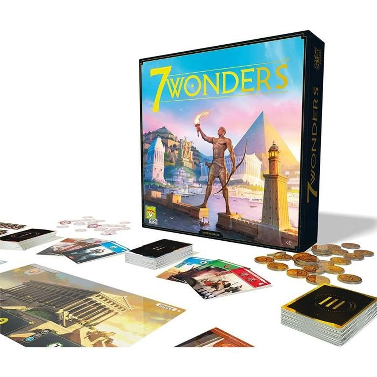Brettspielbox von 7 Wonders mit Spielkomponenten. Die Box zeigt einen Mann mit einer Fackel und berühmte Wahrzeichen.