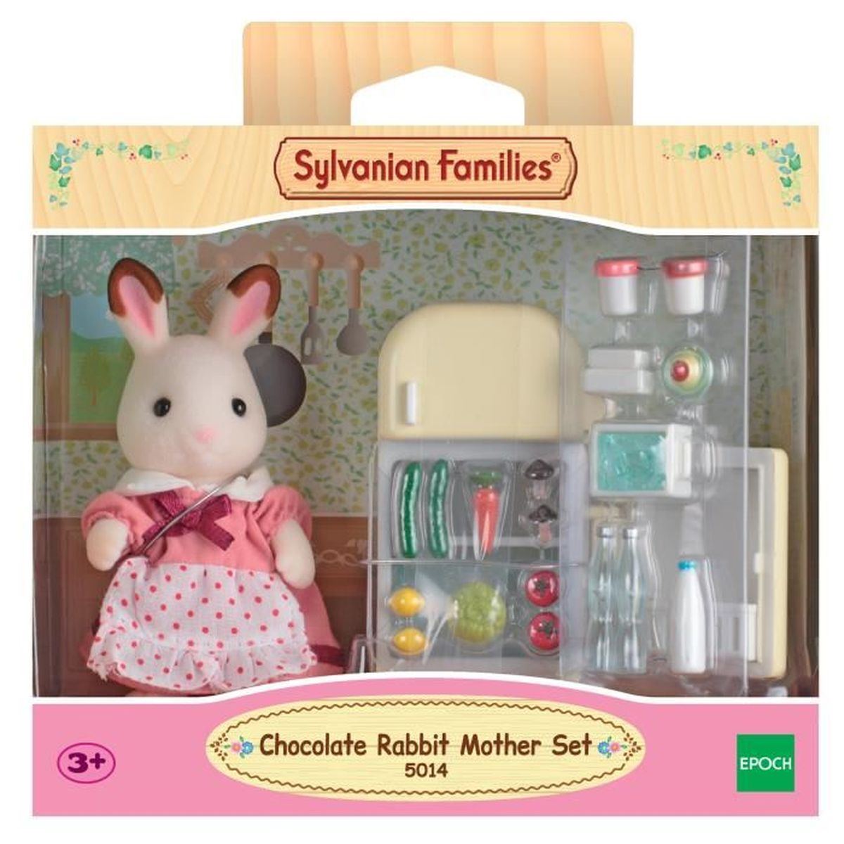 Zestaw Sylvanian Families Chocolate Rabbit Mother. Zawiera figurkę królika w różowej sukience, lodówkę z jedzeniem i akcesoriami.