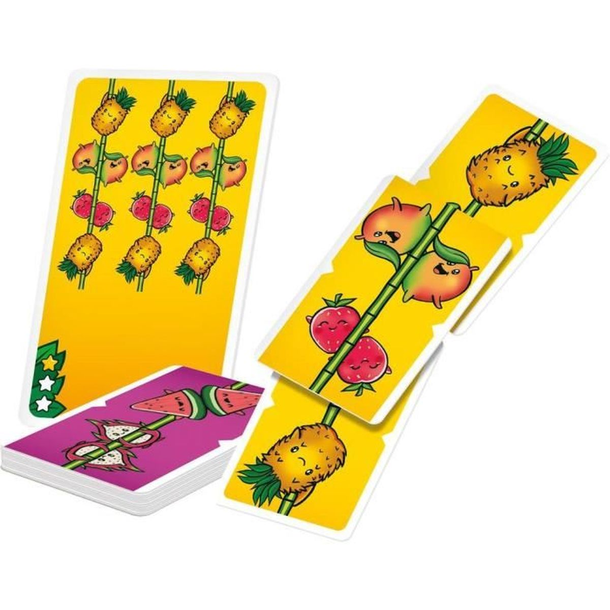 Karten mit Früchten: Ananas, Pfirsiche, Erdbeeren und Wassermelone. Gelber und violetter Hintergrund, grüne Stiele. Spielkarten.