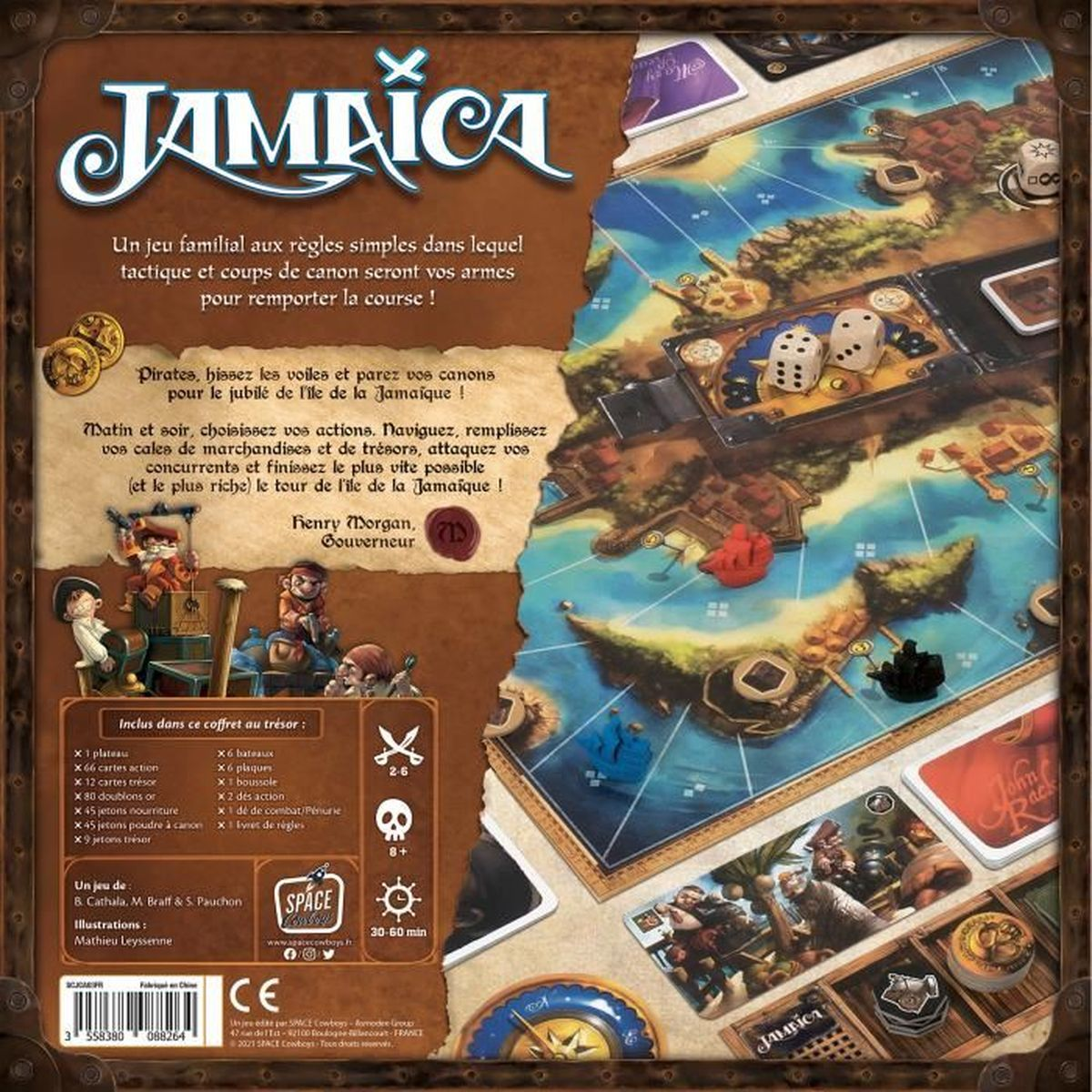Scatola del gioco da tavolo Jamaica. Pirati, mappa, dadi e pedine sono visibili, con testo in francese.