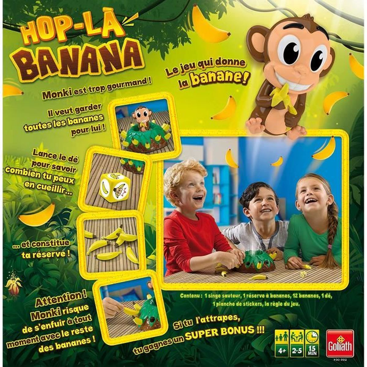 Scatola di gioco con scimmia, banane e bambini. Include una figura di scimmia, dadi e banane. I bambini sorridono e guardano in alto.