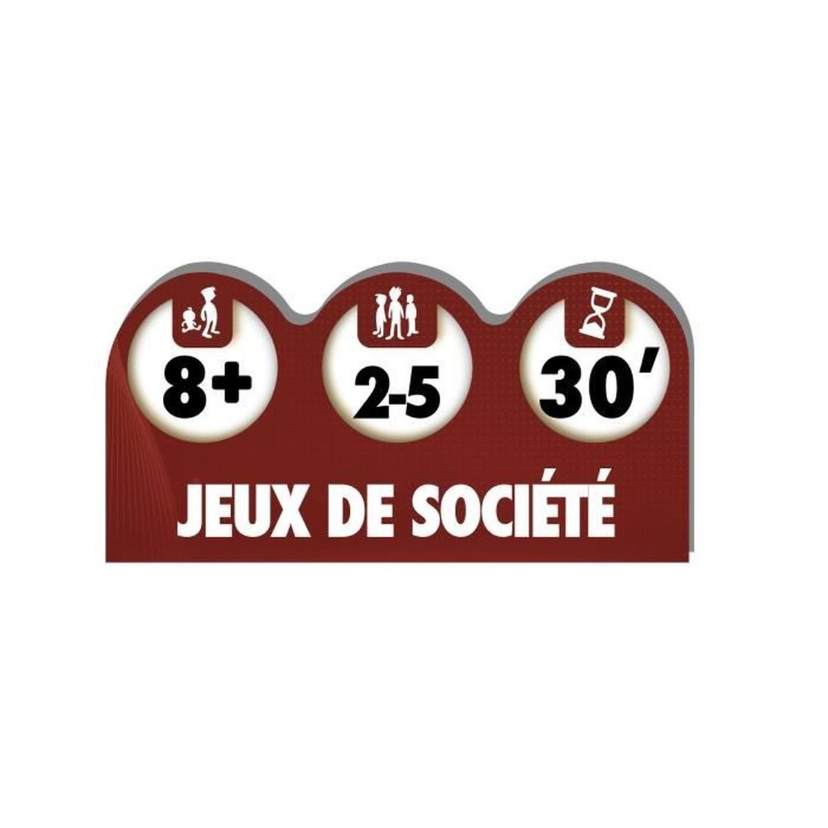 L'immagine mostra i dettagli del gioco. Mostra età, giocatori e tempo. "8+", "2-5" e "30'". Testo: "Jeux de Société".