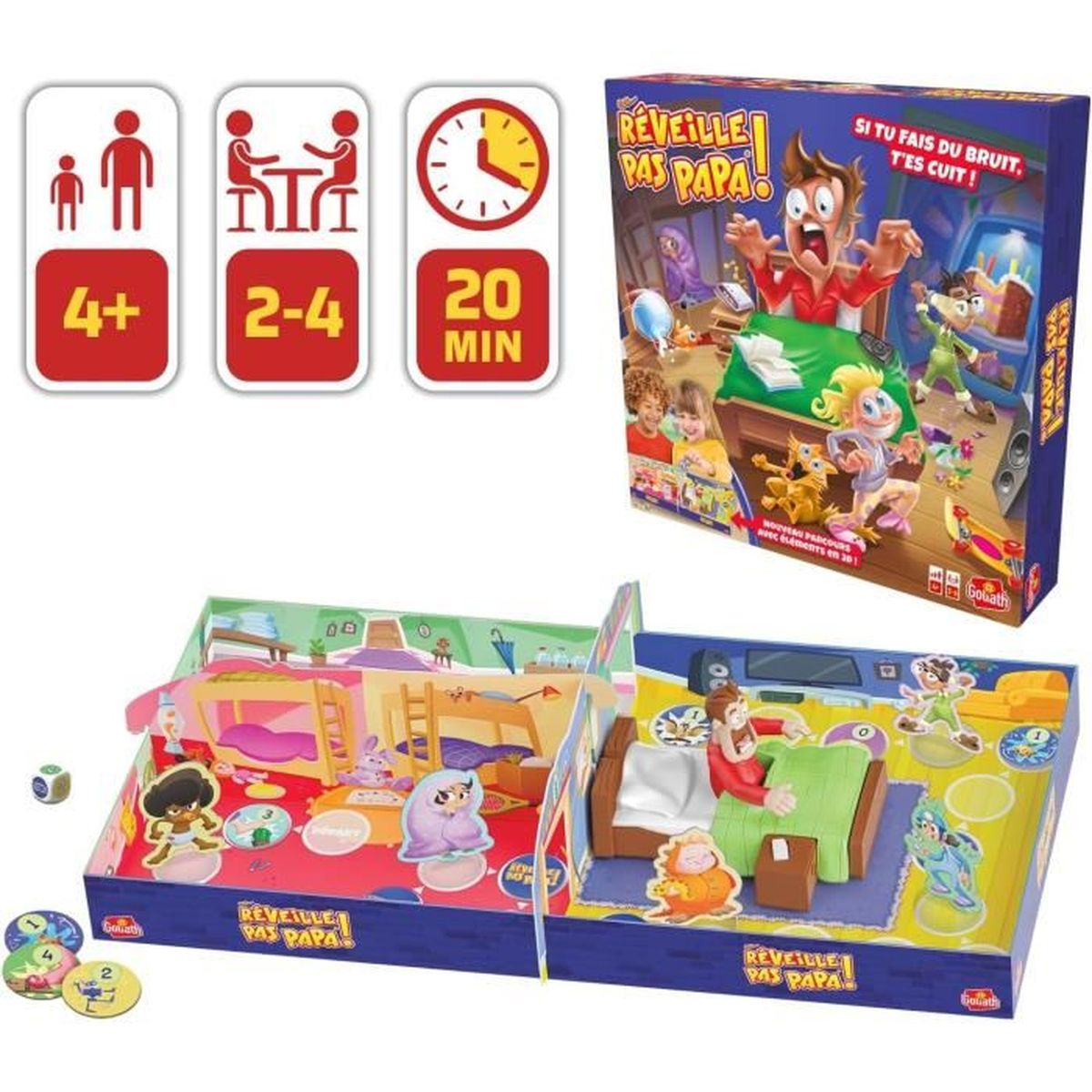 Scatola del gioco da tavolo con componenti. Presenta un uomo a letto, bambini e un orologio. Il gioco si chiama 'Réveille pas Papa'.