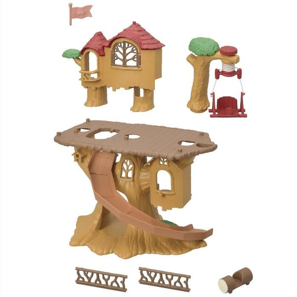 Set casetta sull'albero giocattolo con scivolo, altalena e piccoli accessori. Presenta elementi marroni, beige e rossi. Include bandiera e recinzioni decorative.