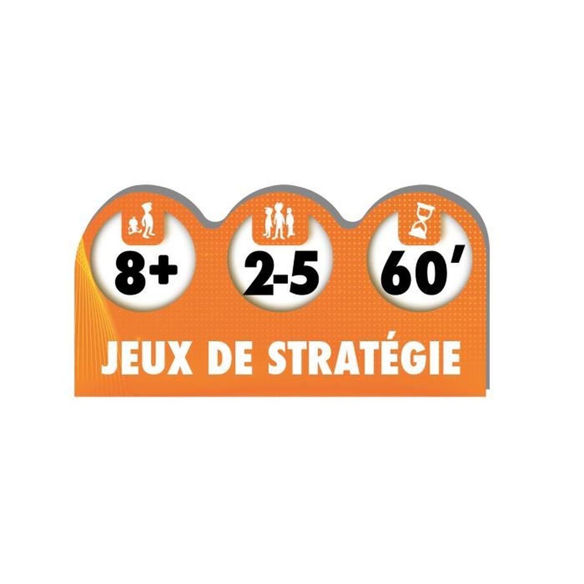 Une boîte de jeu orange avec trois cercles blancs indiquant l'âge 8+, 2-5 joueurs et 60 minutes. Texte : JEUX DE STRATÉGIE.