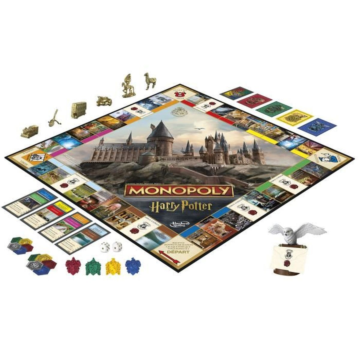 Gra planszowa Monopoly Harry Potter. Zawiera planszę, pionki, karty, kostki i figurki Hogwartu i postaci. Kolorowa i szczegółowa.
