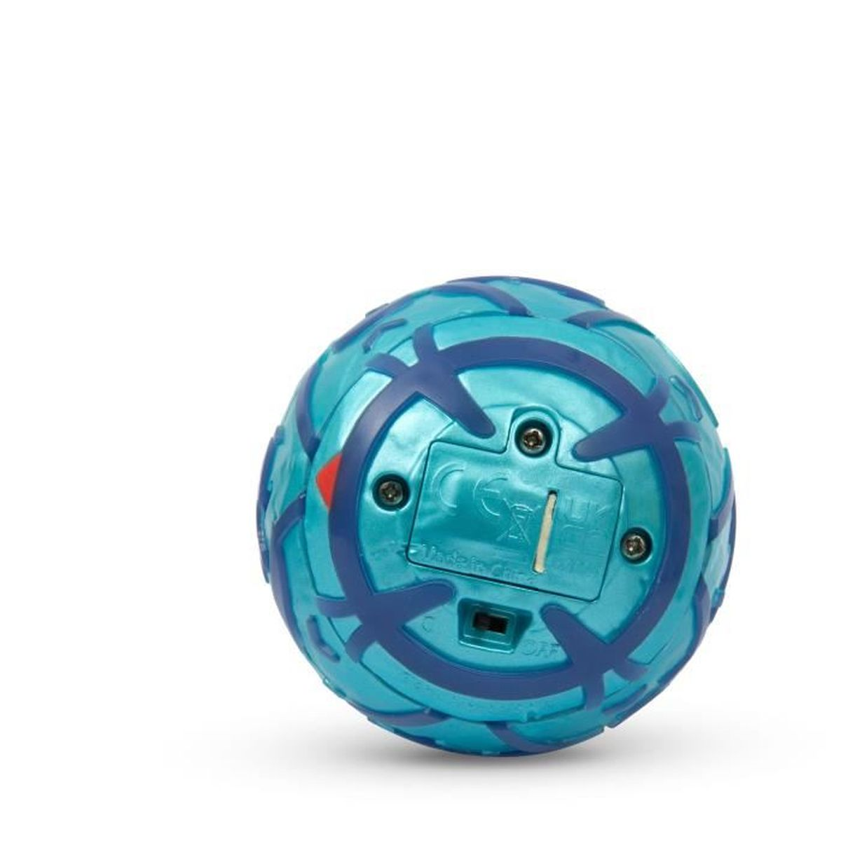 Ein blaugrüner Ball mit geometrischen Mustern. Er hat ein kleines rotes Dreieck und ein Fach mit Text und Schrauben.