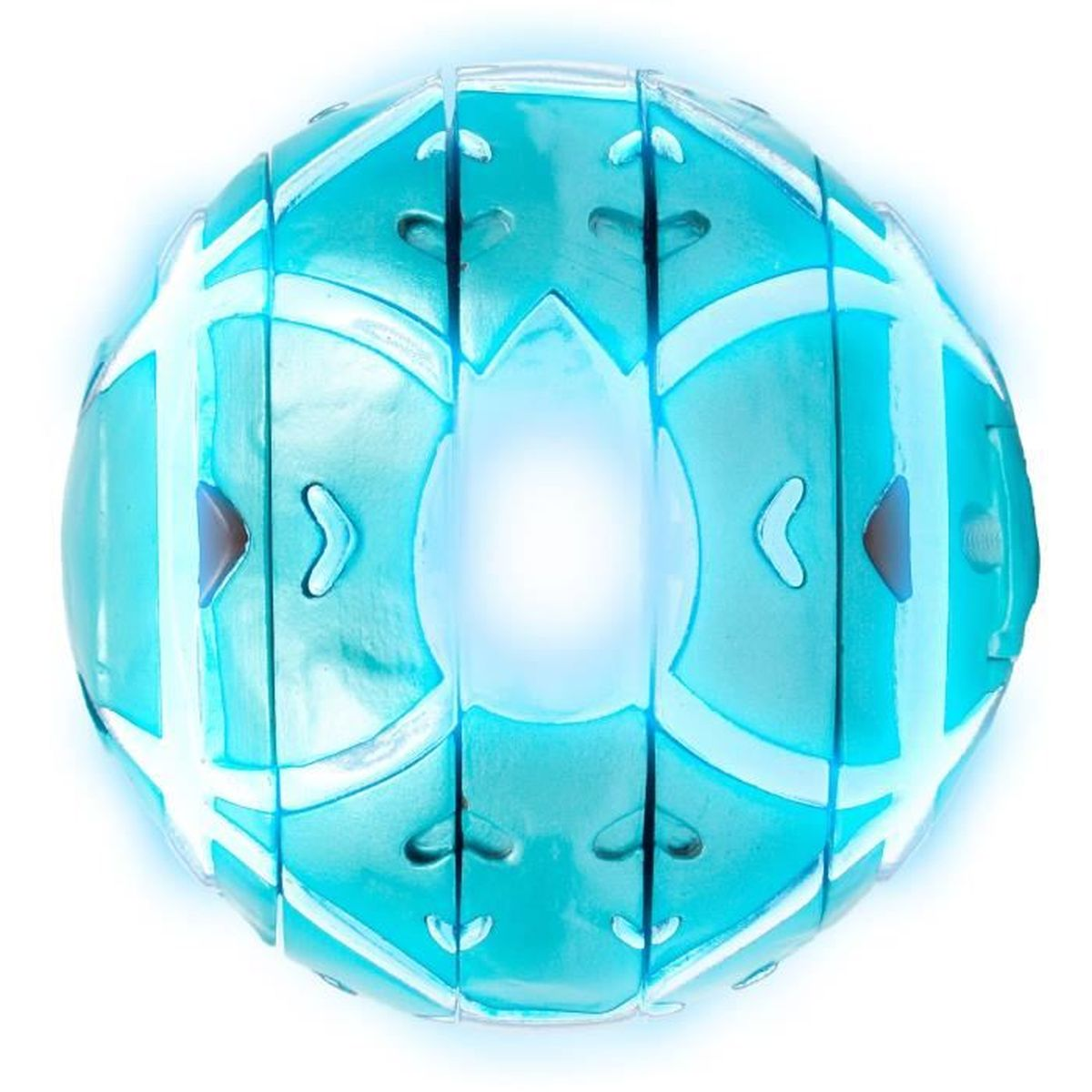 Eine leuchtende blaue Kugel mit segmentierten Paneelen. Weiße Linien und geschwungene Formen zieren die Oberfläche. Eine zentrale Lichtquelle strahlt hell.