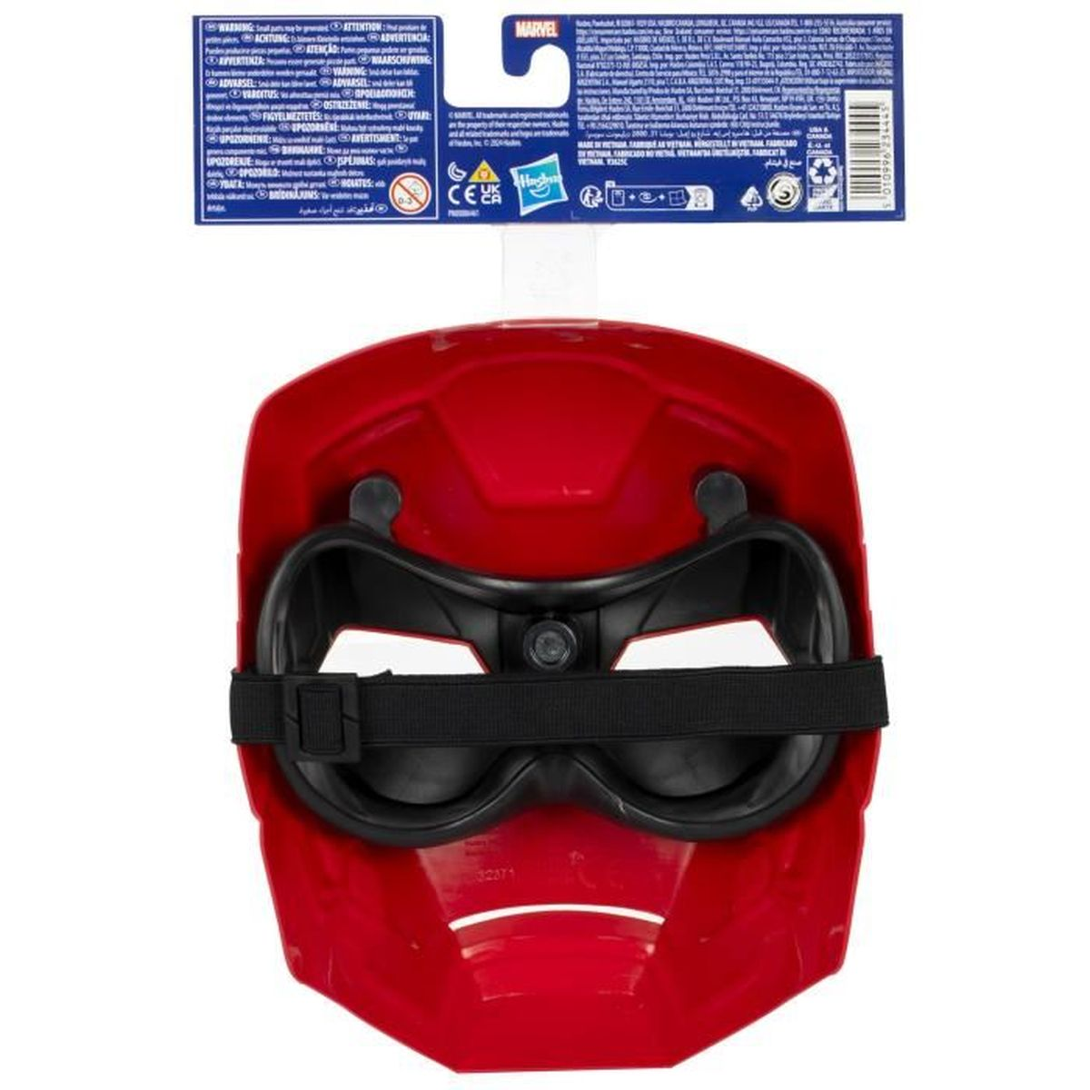 Eine rot-schwarze Superheldenmaske. Die Maske hat schwarze Augenabdeckungen, einen schwarzen Riemen und ist an Pappe befestigt.