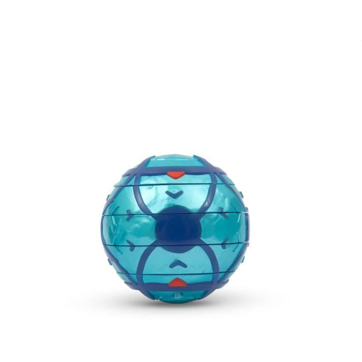 Ein blaues Kugelspielzeug mit dunkelblauen Linien und orangefarbenen Akzenten. Es steht auf weißem Hintergrund.