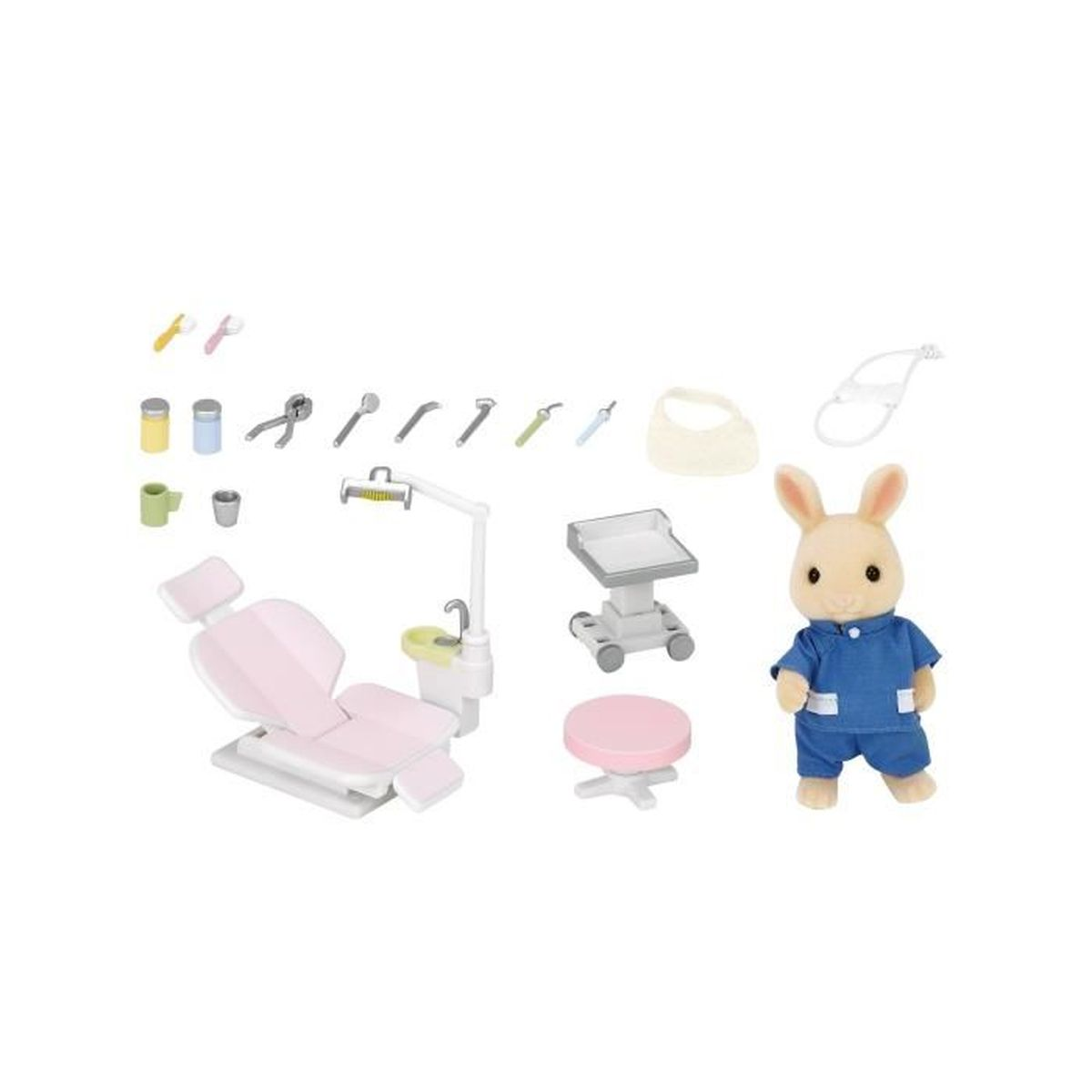 Set dentista giocattolo con poltrona rosa, strumenti, dottore coniglio in uniforme blu e sgabello rosa.